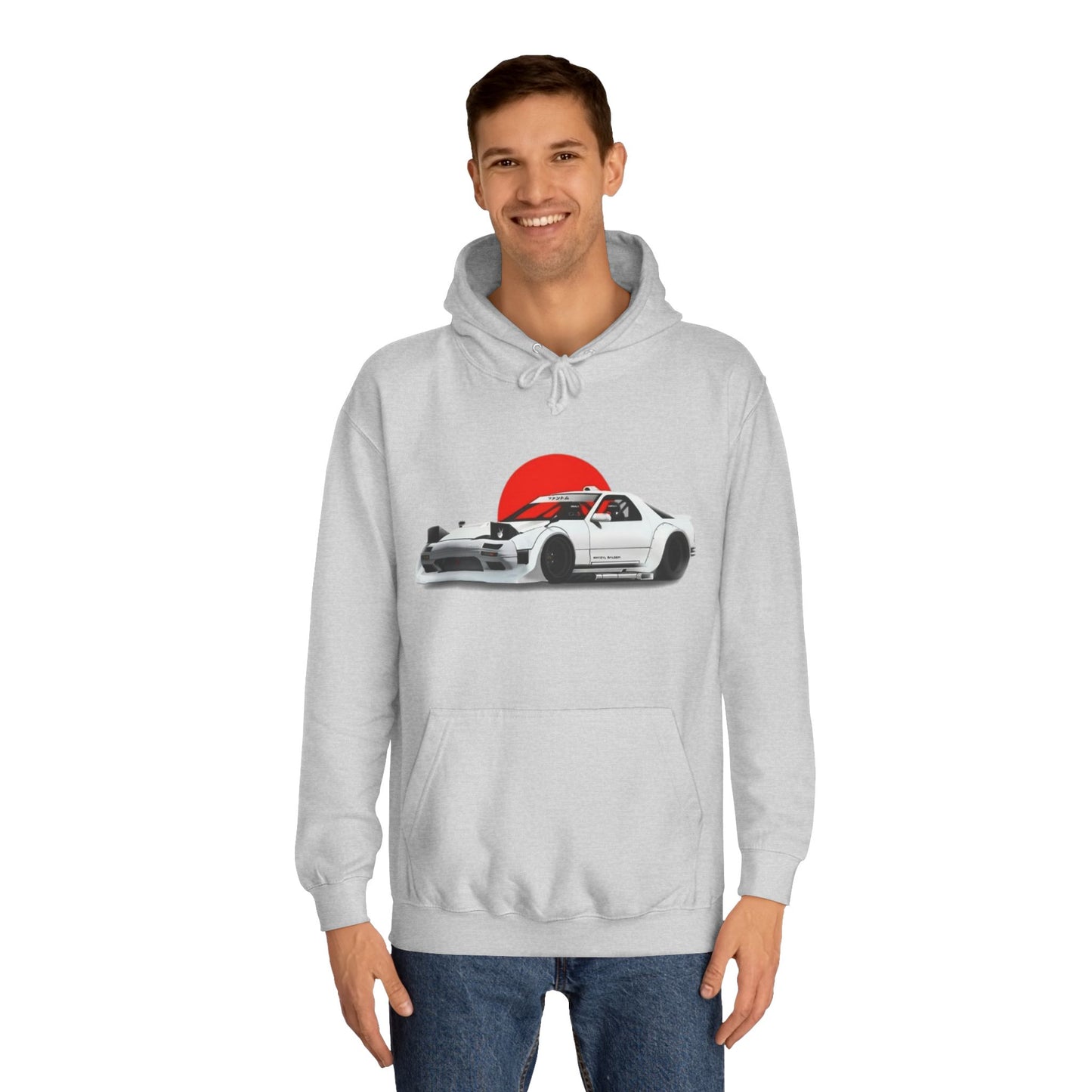 Retro JDM Racecar Hoodie — White Mazda RX-7 Graphic with Red Sun & 'Vyro' Back Logo