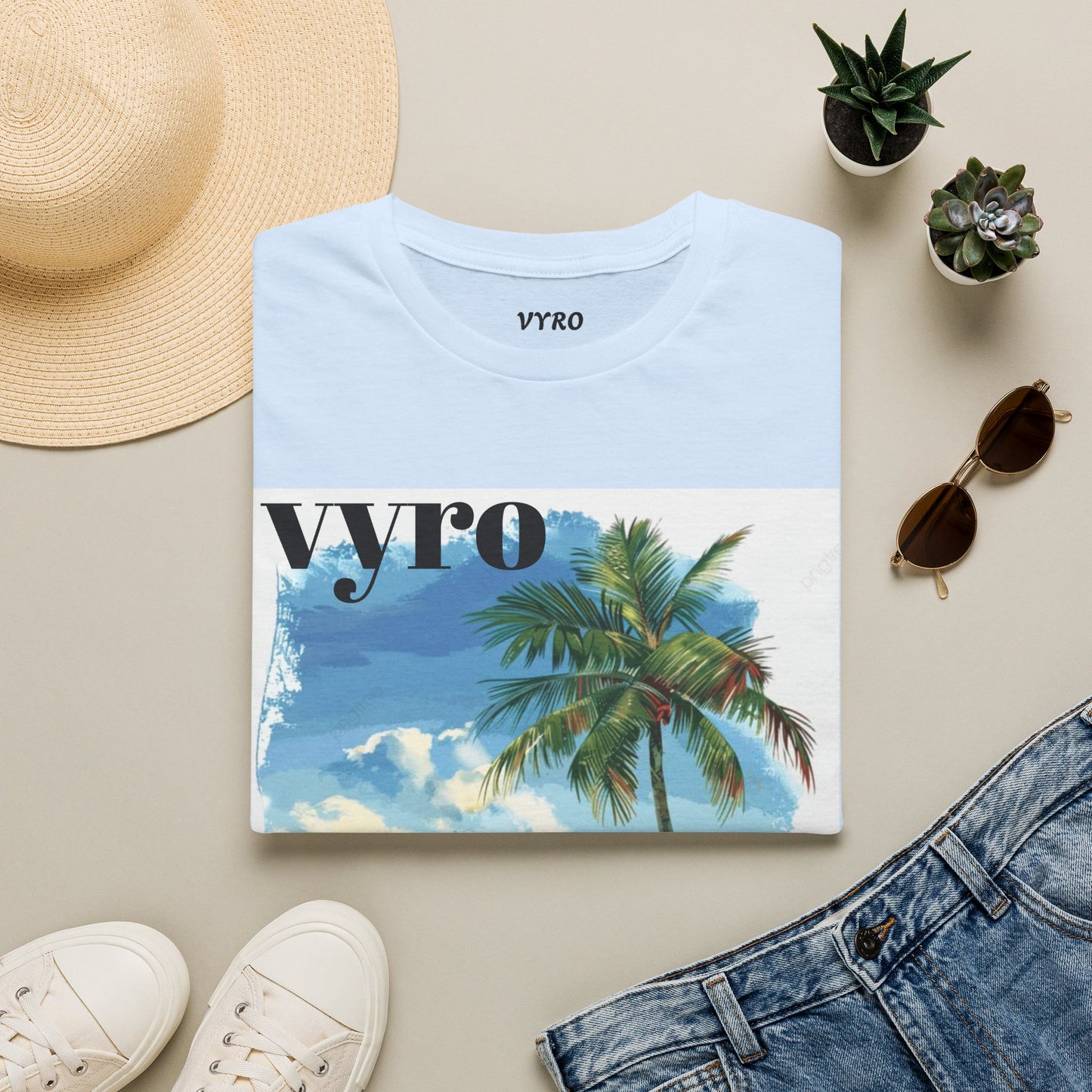T-Shirt — Tropical Palm Beach Graphic Tee with 'vyro' Text