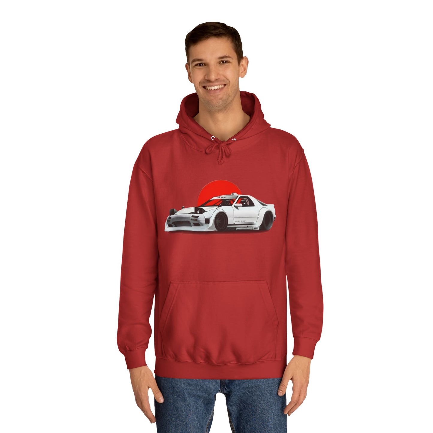 Retro JDM Racecar Hoodie — White Mazda RX-7 Graphic with Red Sun & 'Vyro' Back Logo