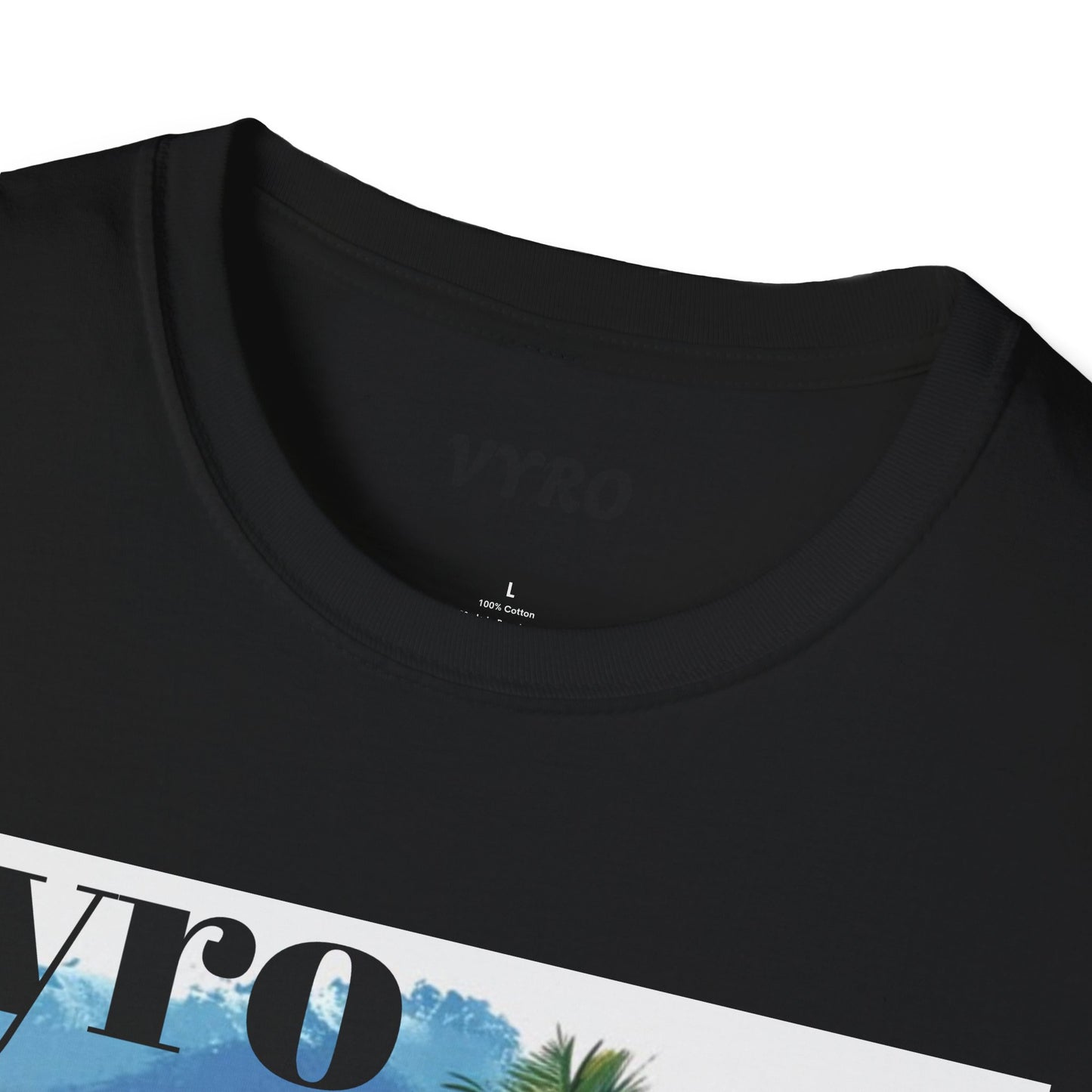 T-Shirt — Tropical Palm Beach Graphic Tee with 'vyro' Text
