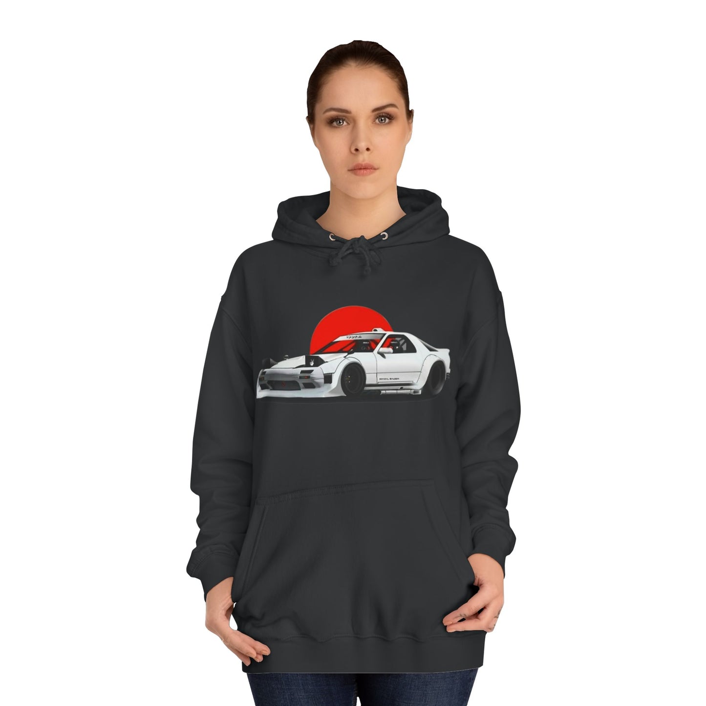 Retro JDM Racecar Hoodie — White Mazda RX-7 Graphic with Red Sun & 'Vyro' Back Logo