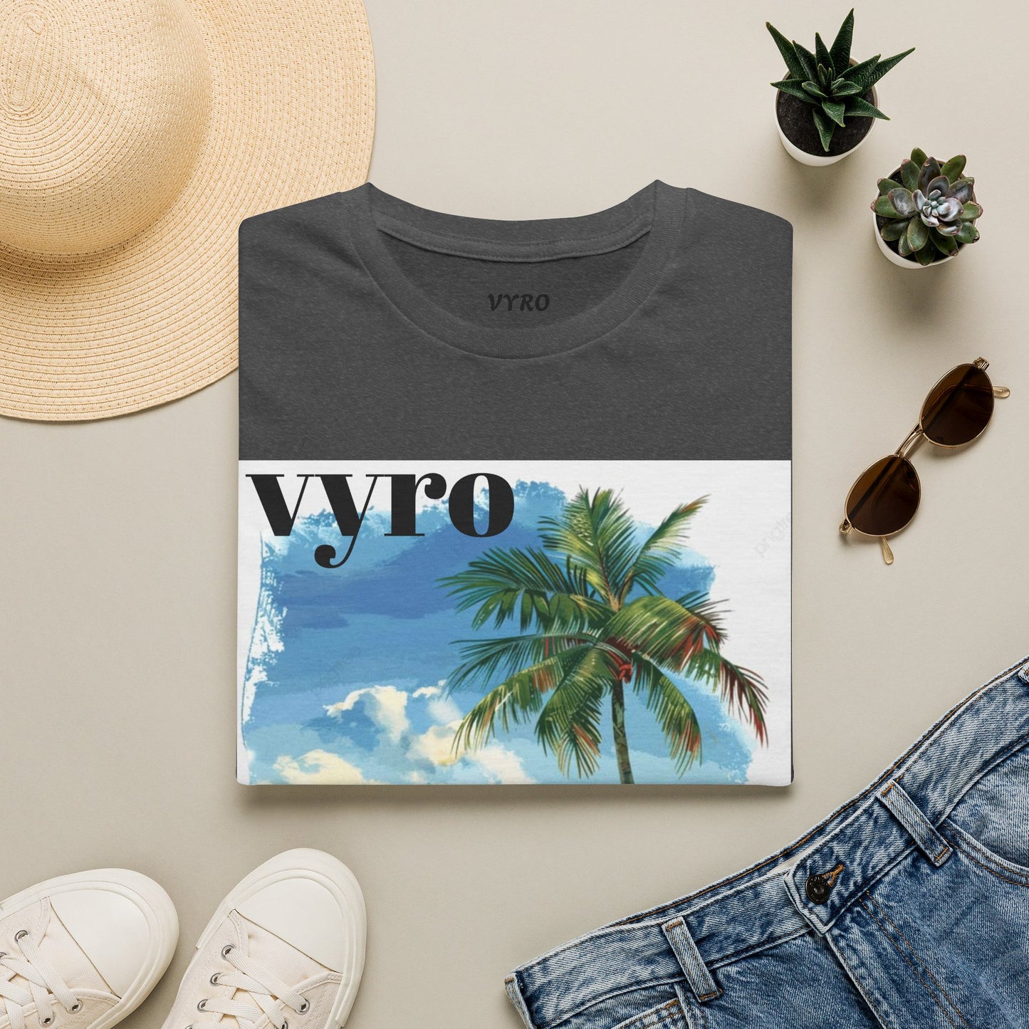 T-Shirt — Tropical Palm Beach Graphic Tee with 'vyro' Text