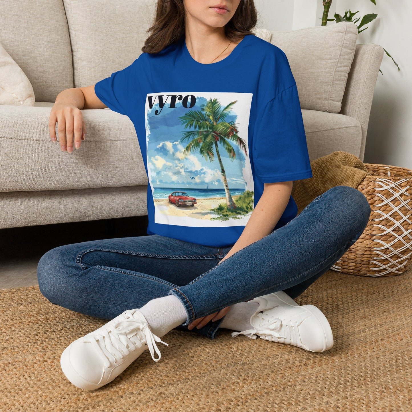 T-Shirt — Tropical Palm Beach Graphic Tee with 'vyro' Text