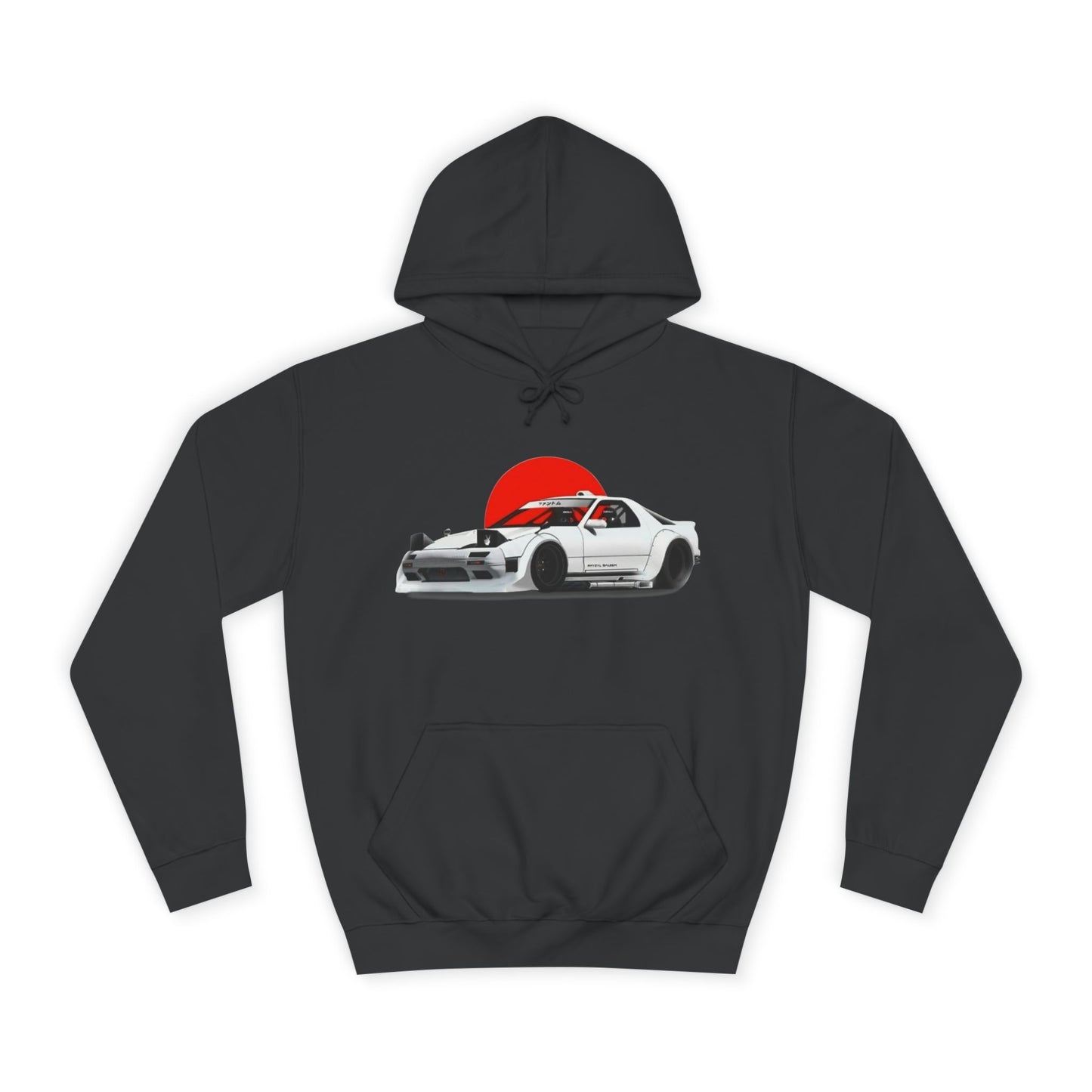 Retro JDM Racecar Hoodie — White Mazda RX-7 Graphic with Red Sun & 'Vyro' Back Logo