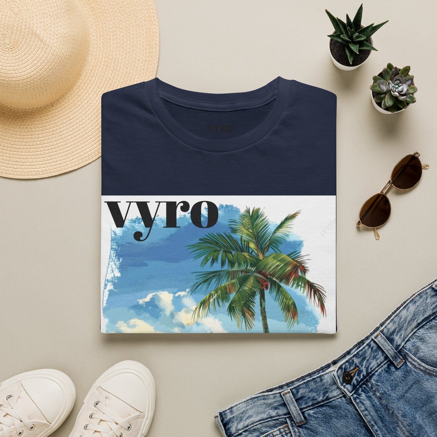 T-Shirt — Tropical Palm Beach Graphic Tee with 'vyro' Text