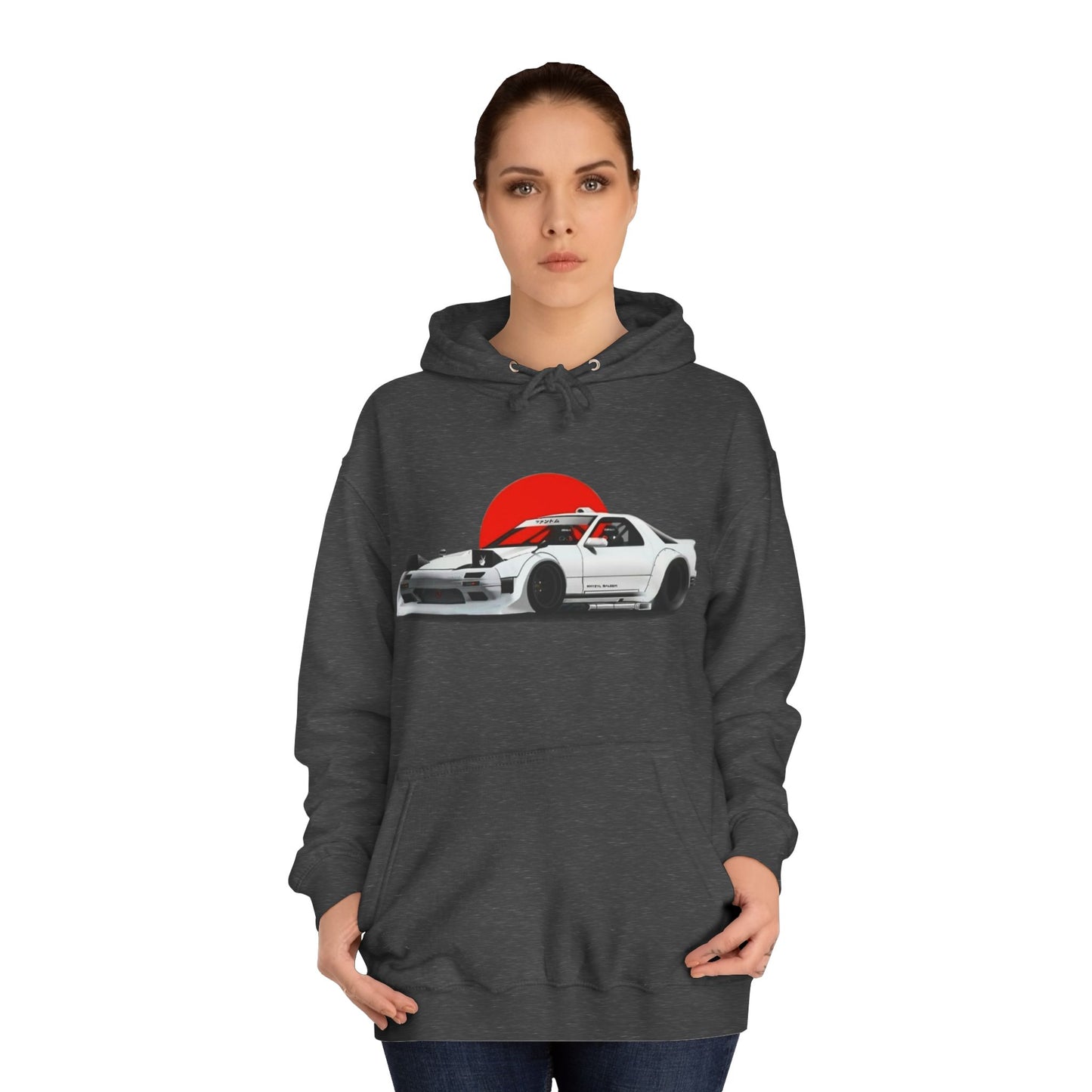 Retro JDM Racecar Hoodie — White Mazda RX-7 Graphic with Red Sun & 'Vyro' Back Logo