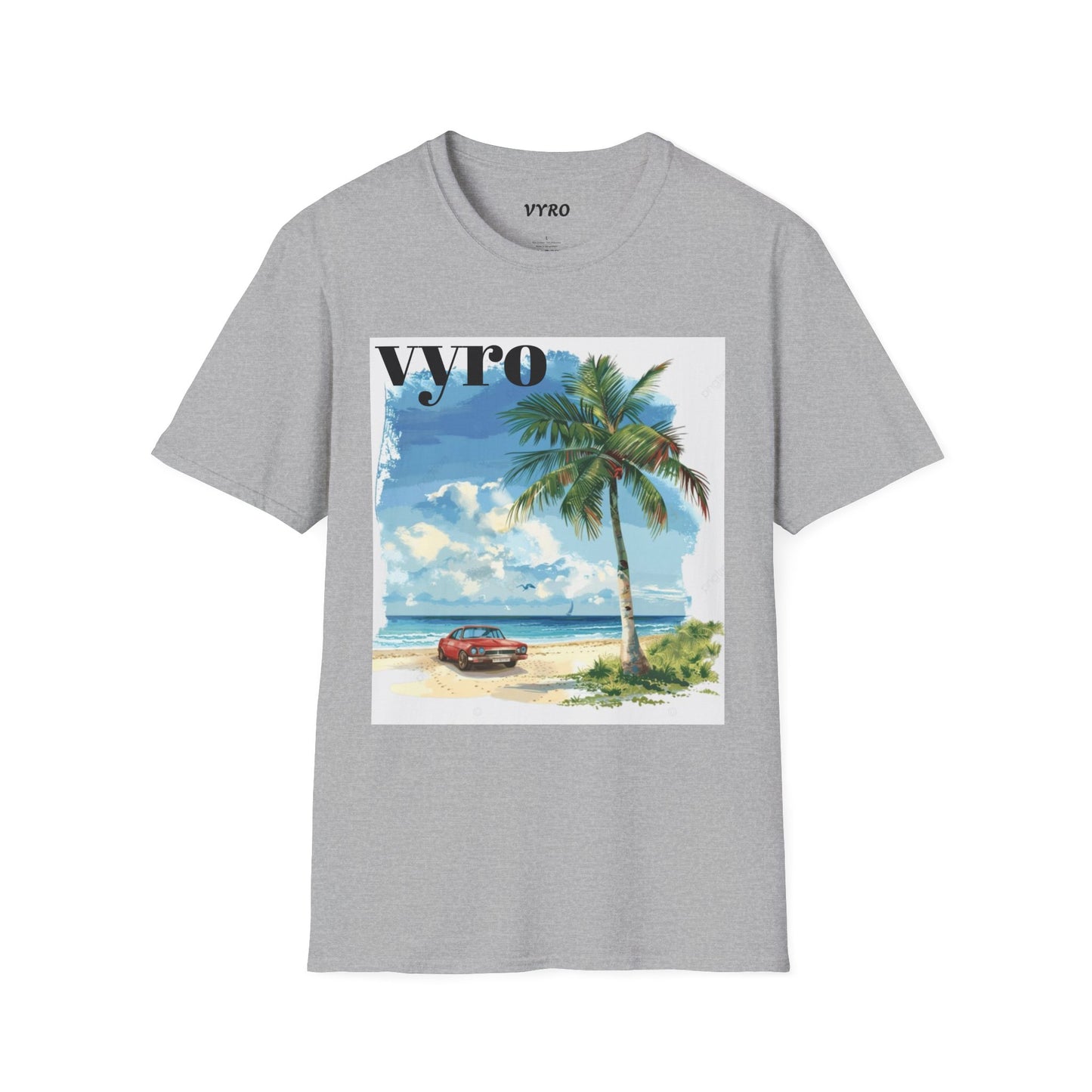 T-Shirt — Tropical Palm Beach Graphic Tee with 'vyro' Text