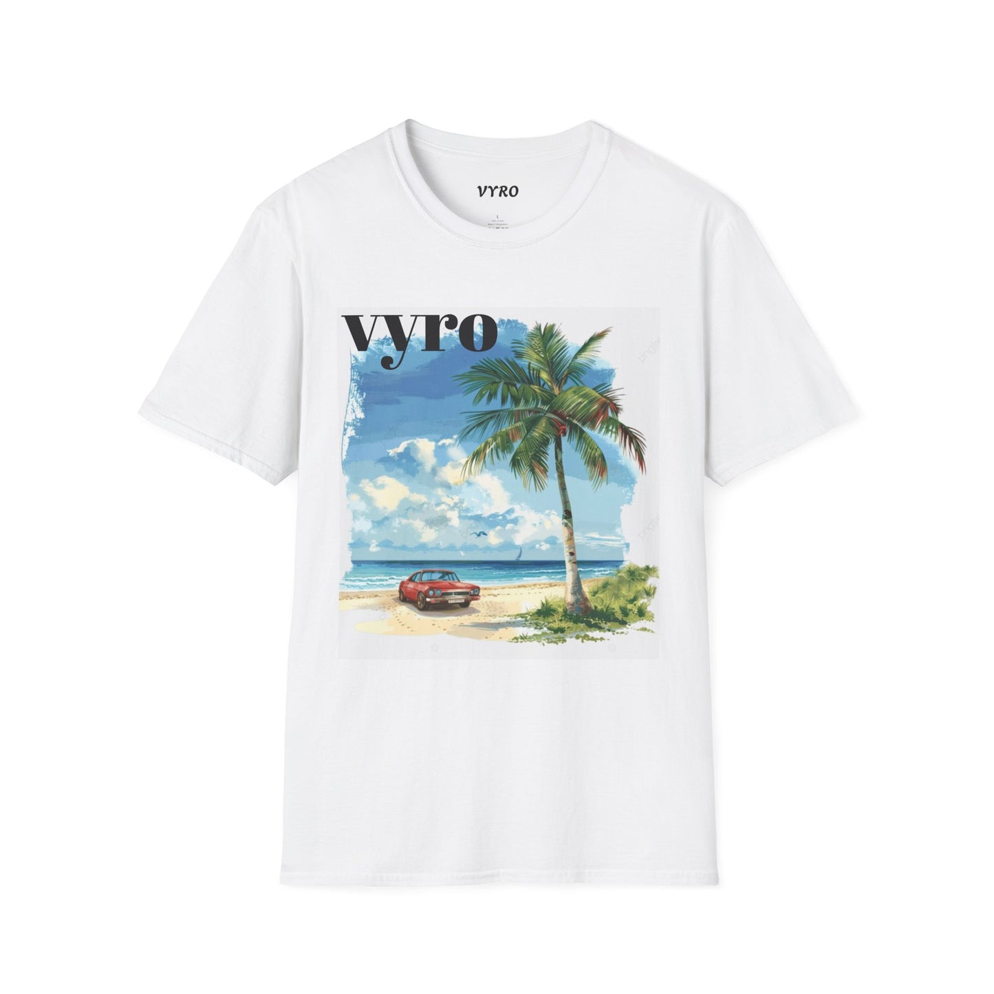 T-Shirt — Tropical Palm Beach Graphic Tee with 'vyro' Text