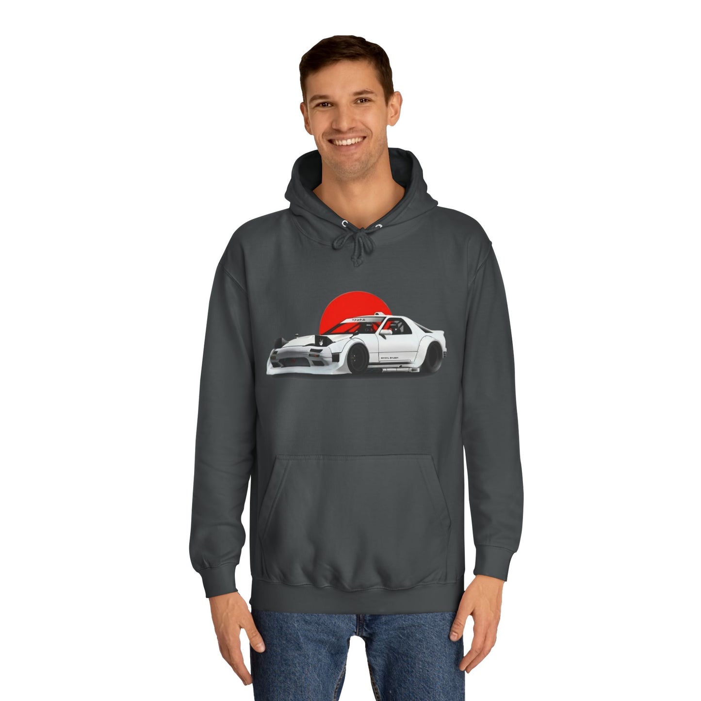 Retro JDM Racecar Hoodie — White Mazda RX-7 Graphic with Red Sun & 'Vyro' Back Logo