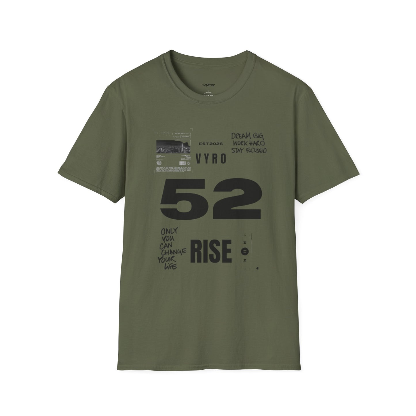 52 Rise Graphic T‑Shirt — Motivational 'Dream Big, Work Hard, Stay Focused' Tee