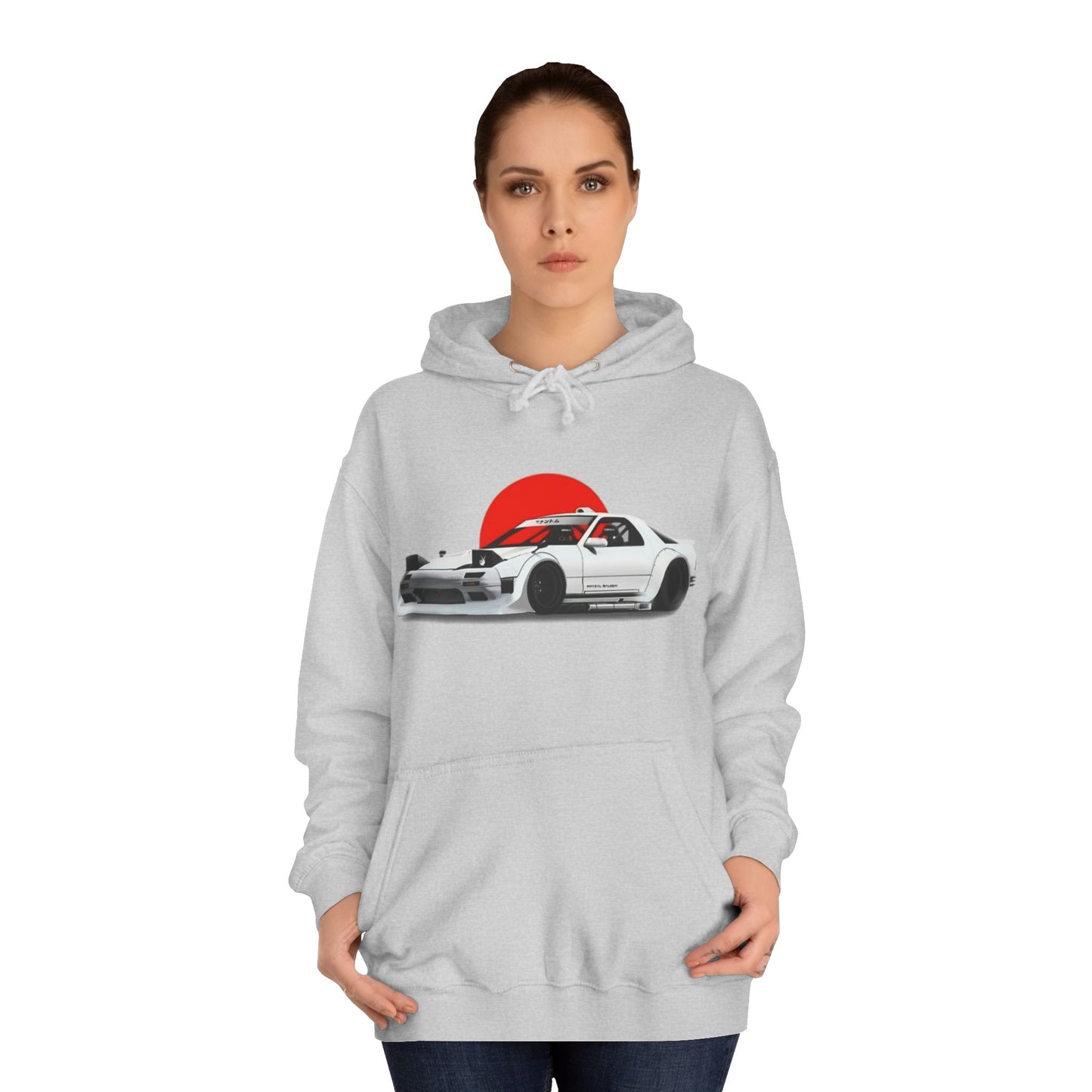 Retro JDM Racecar Hoodie — White Mazda RX-7 Graphic with Red Sun & 'Vyro' Back Logo