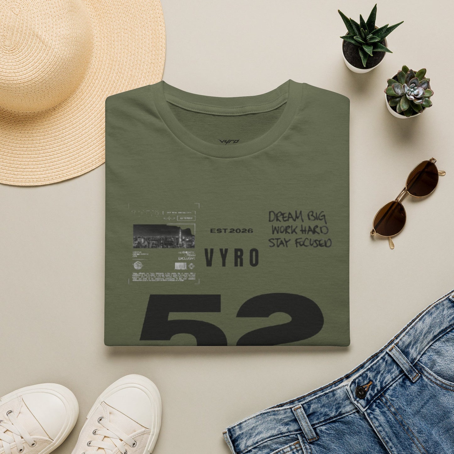 52 Rise Graphic T‑Shirt — Motivational 'Dream Big, Work Hard, Stay Focused' Tee