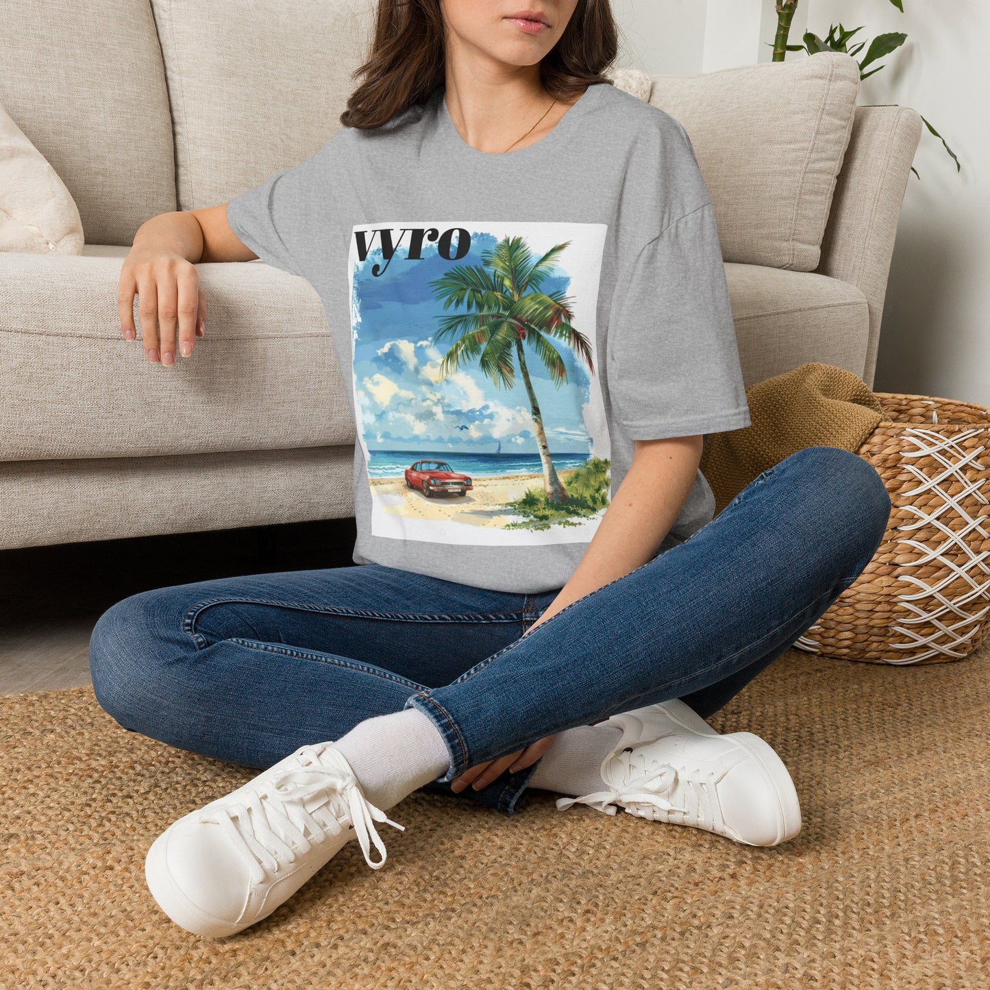 T-Shirt — Tropical Palm Beach Graphic Tee with 'vyro' Text