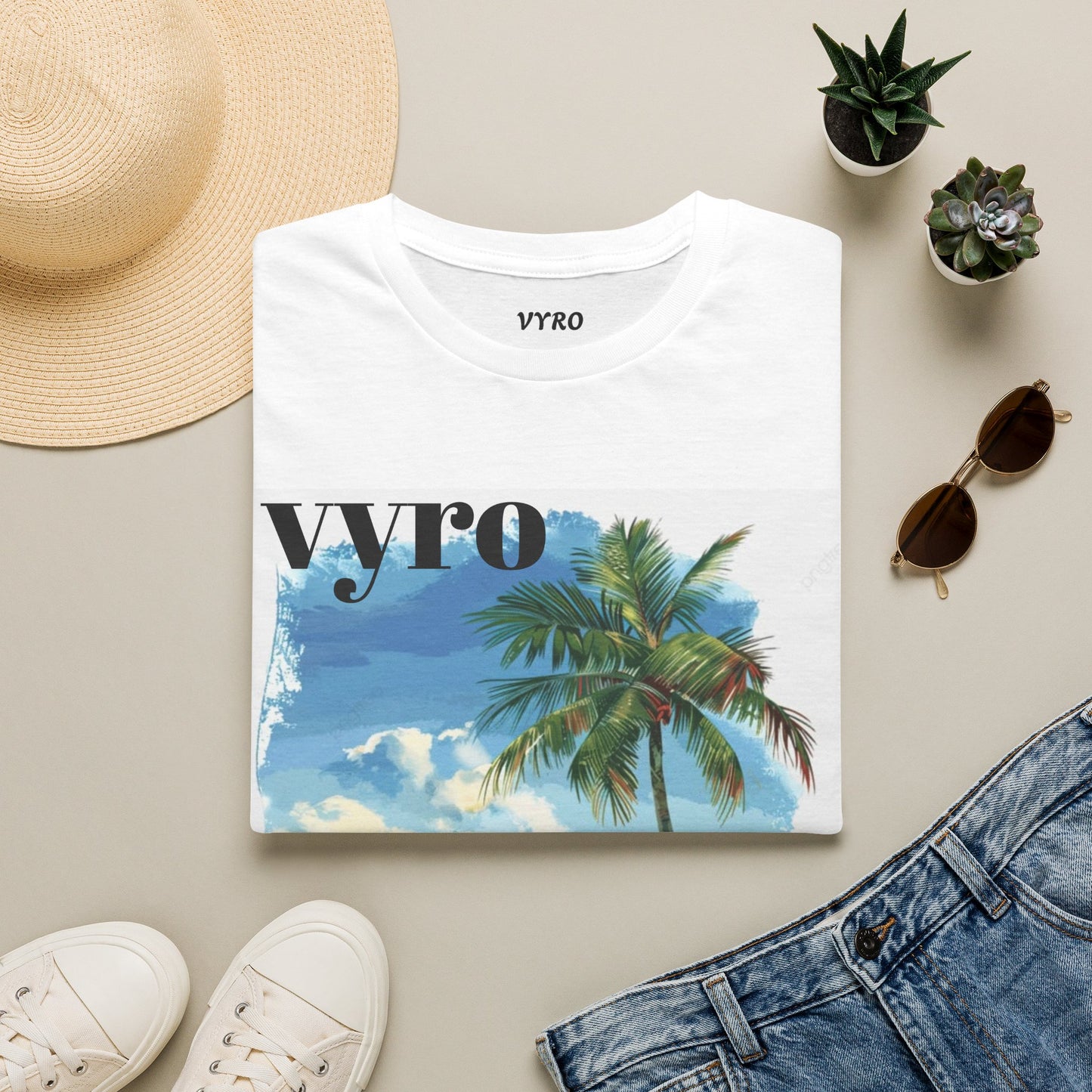 T-Shirt — Tropical Palm Beach Graphic Tee with 'vyro' Text