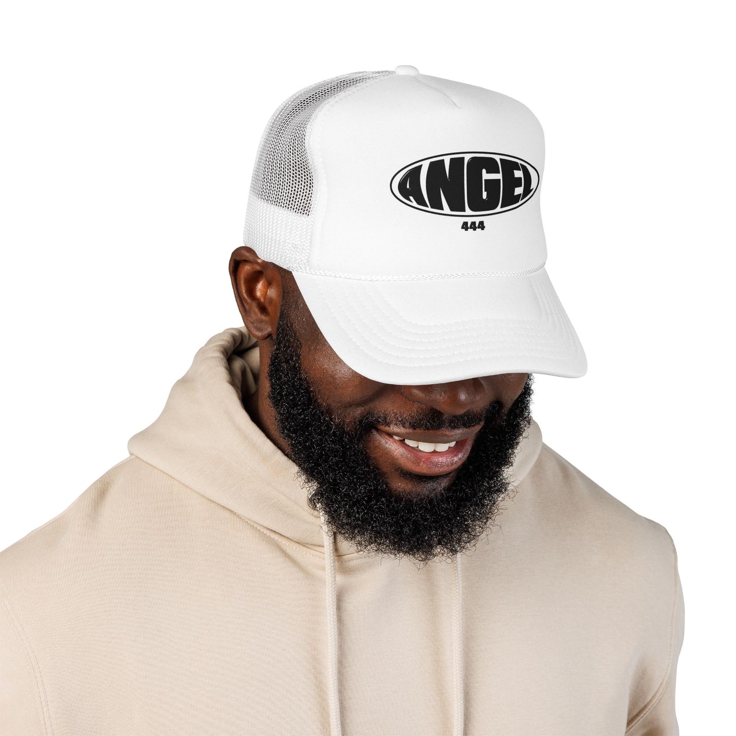Angel 444 Foam Trucker Hat — Retro Oval Logo Mesh Cap