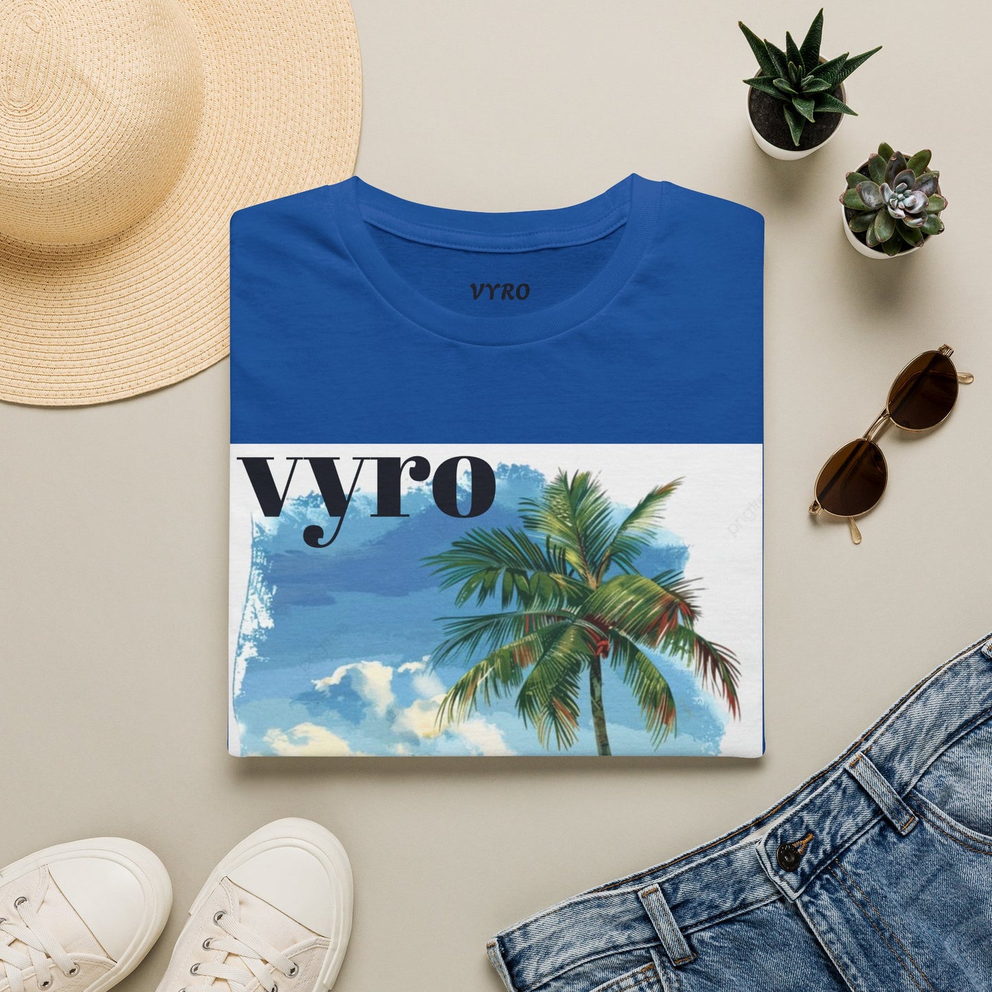 T-Shirt — Tropical Palm Beach Graphic Tee with 'vyro' Text