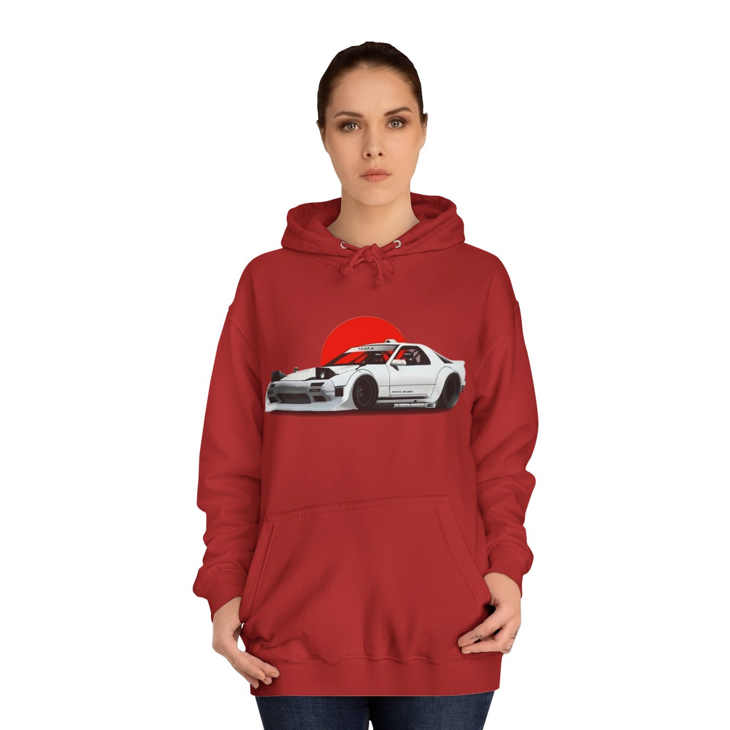Retro JDM Racecar Hoodie — White Mazda RX-7 Graphic with Red Sun & 'Vyro' Back Logo