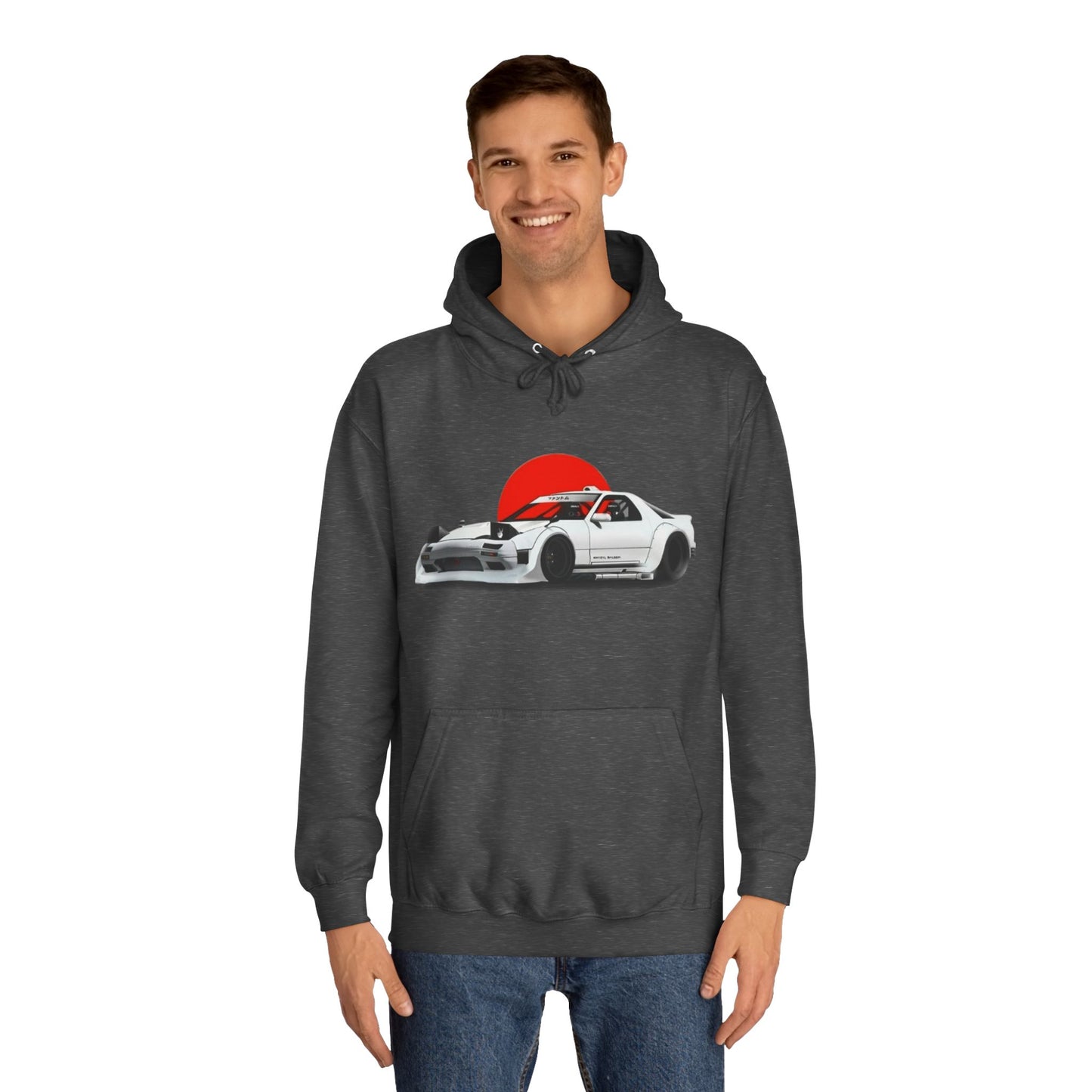 Retro JDM Racecar Hoodie — White Mazda RX-7 Graphic with Red Sun & 'Vyro' Back Logo