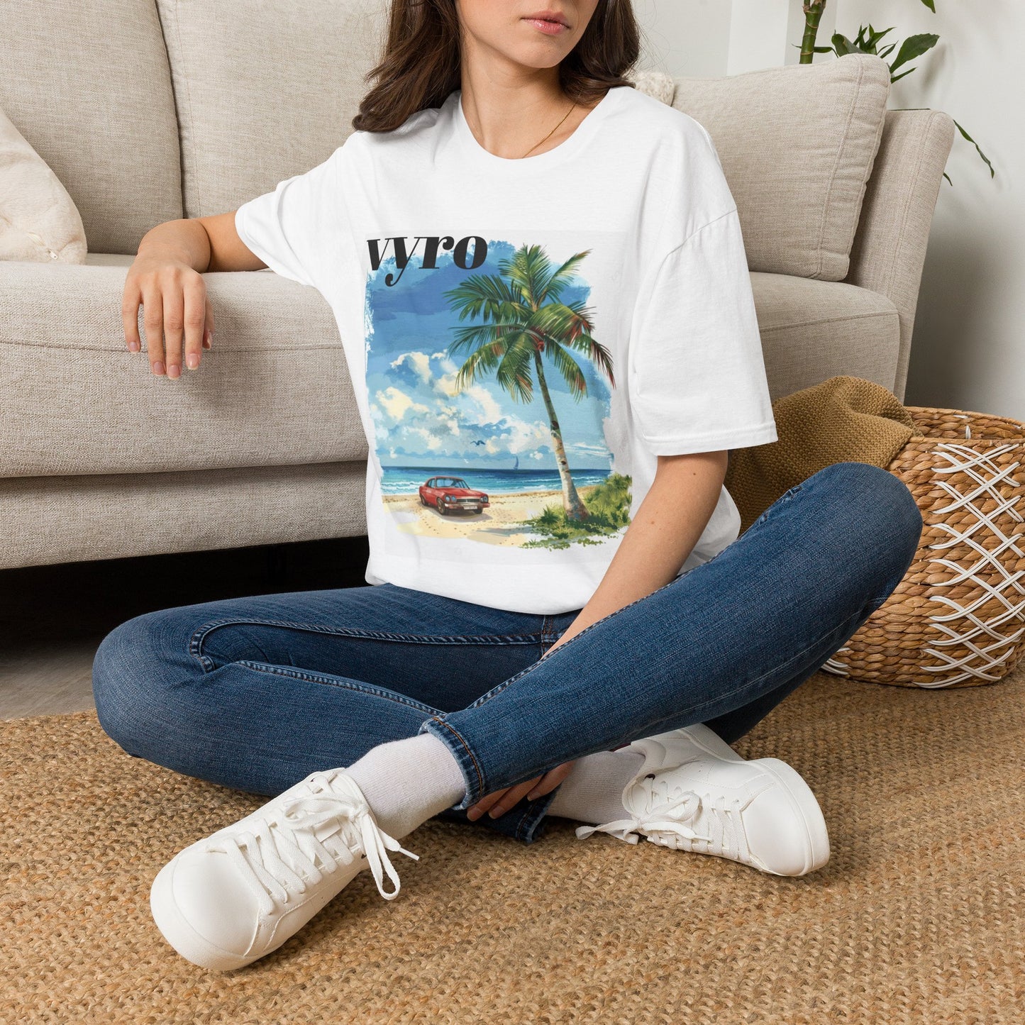 T-Shirt — Tropical Palm Beach Graphic Tee with 'vyro' Text