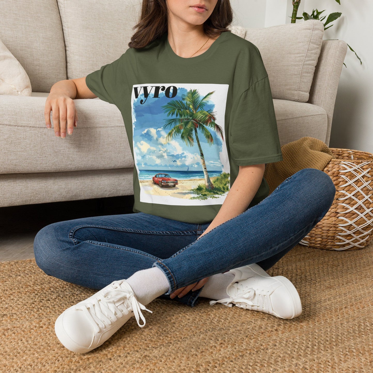 T-Shirt — Tropical Palm Beach Graphic Tee with 'vyro' Text
