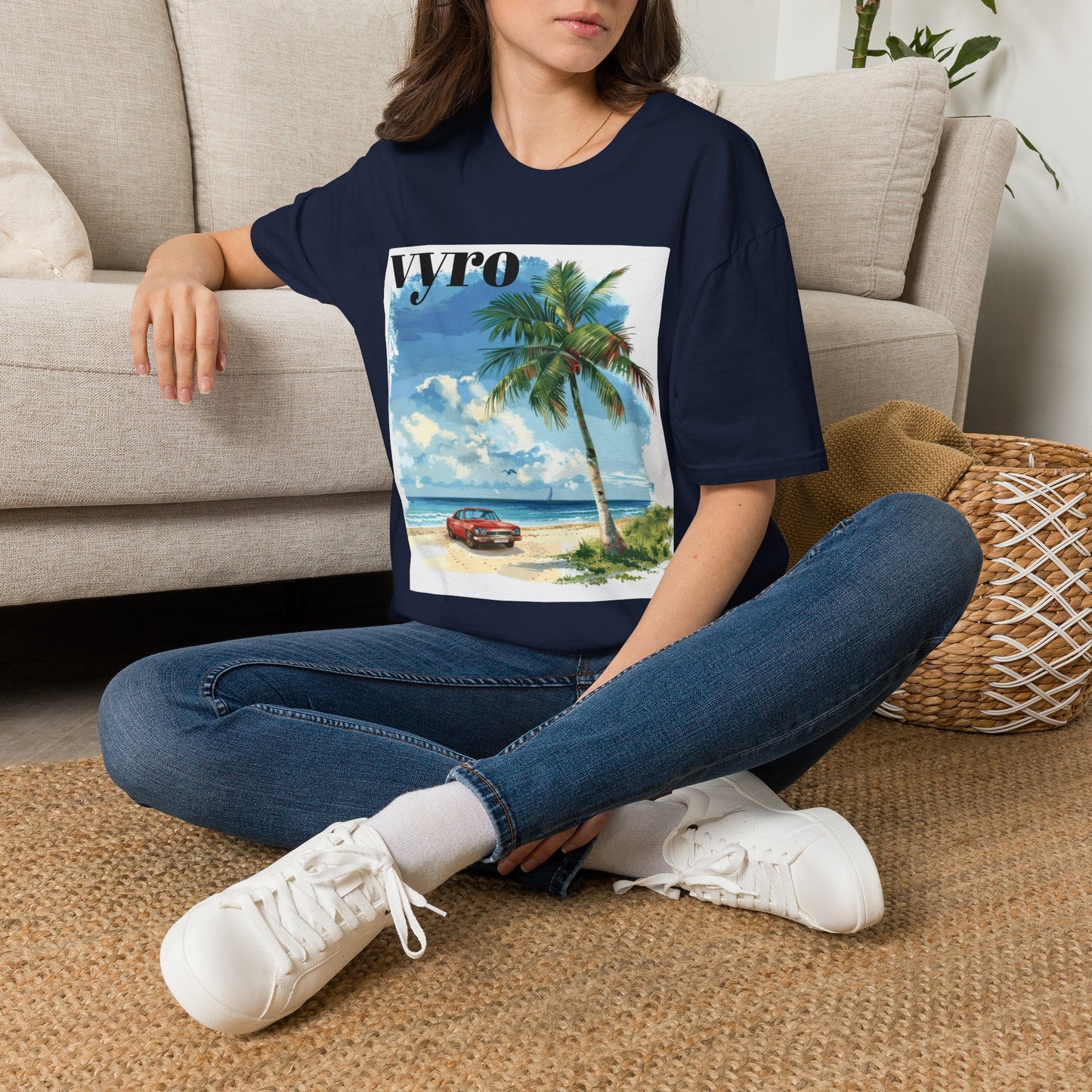 T-Shirt — Tropical Palm Beach Graphic Tee with 'vyro' Text