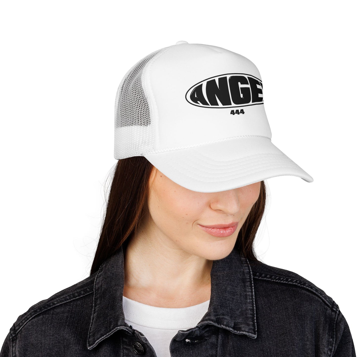 Angel 444 Foam Trucker Hat — Retro Oval Logo Mesh Cap