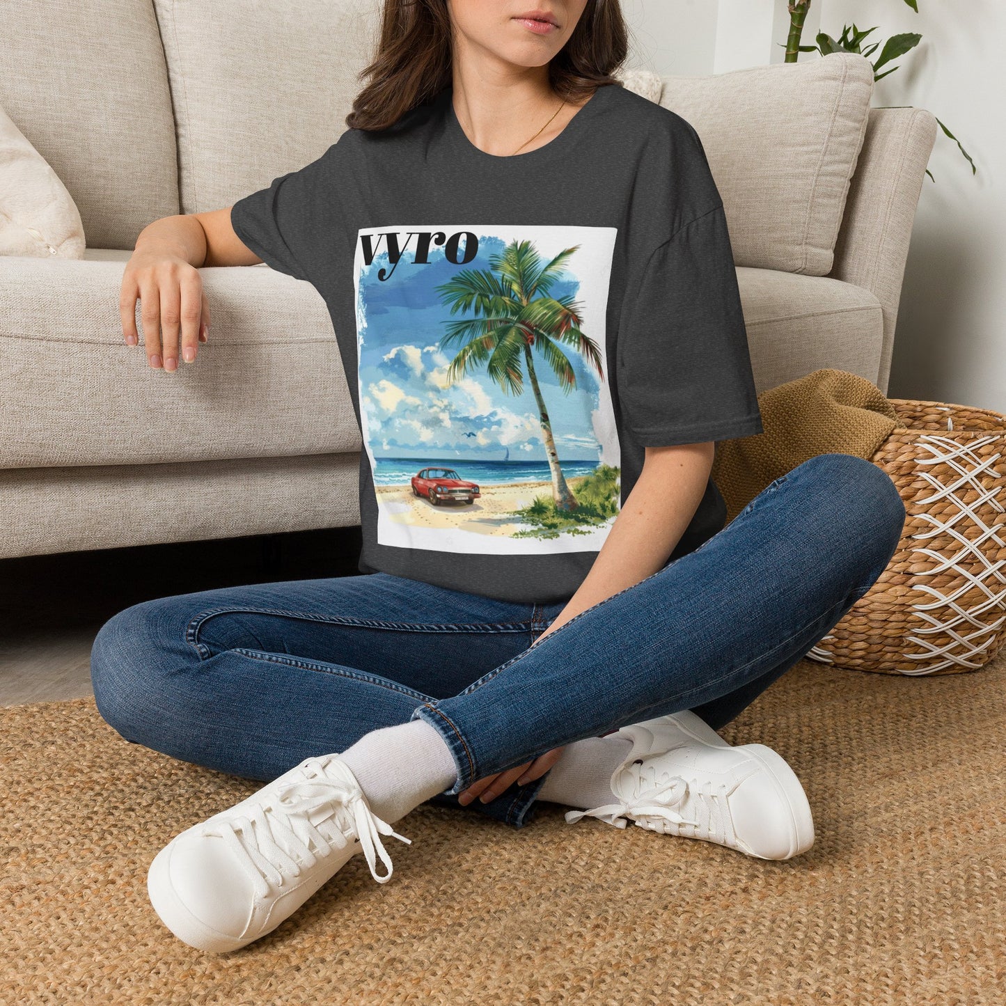 T-Shirt — Tropical Palm Beach Graphic Tee with 'vyro' Text