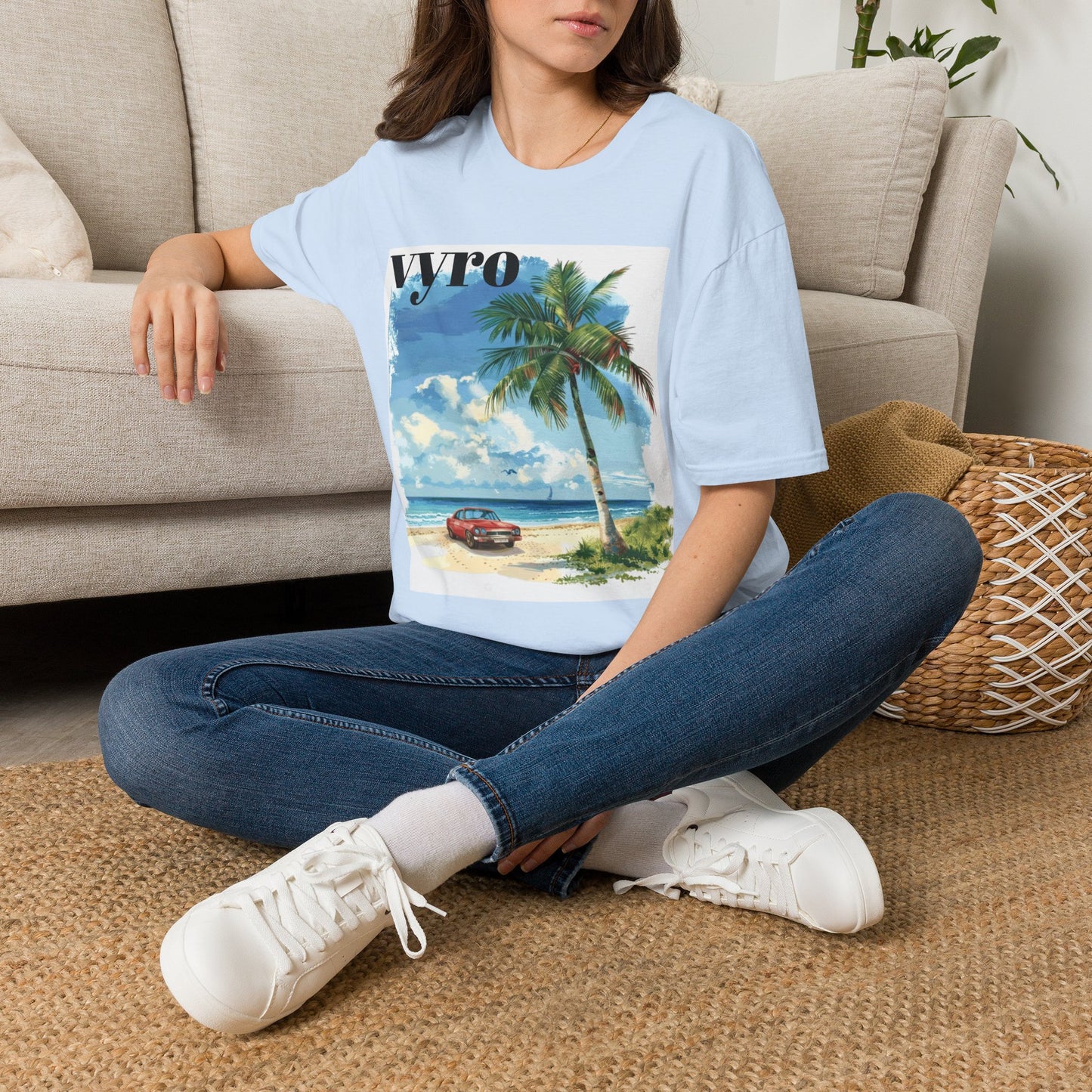 T-Shirt — Tropical Palm Beach Graphic Tee with 'vyro' Text