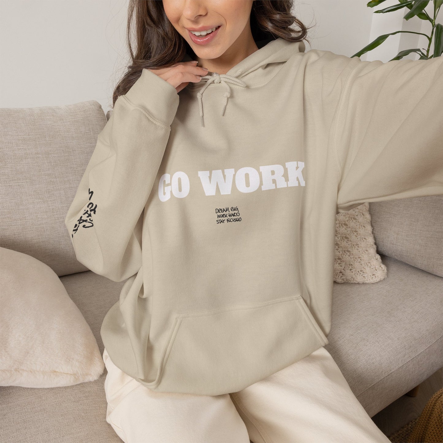 Go Work Hoodie — Motivational Minimalist Hooded Sweatshirt with Sleeve Text