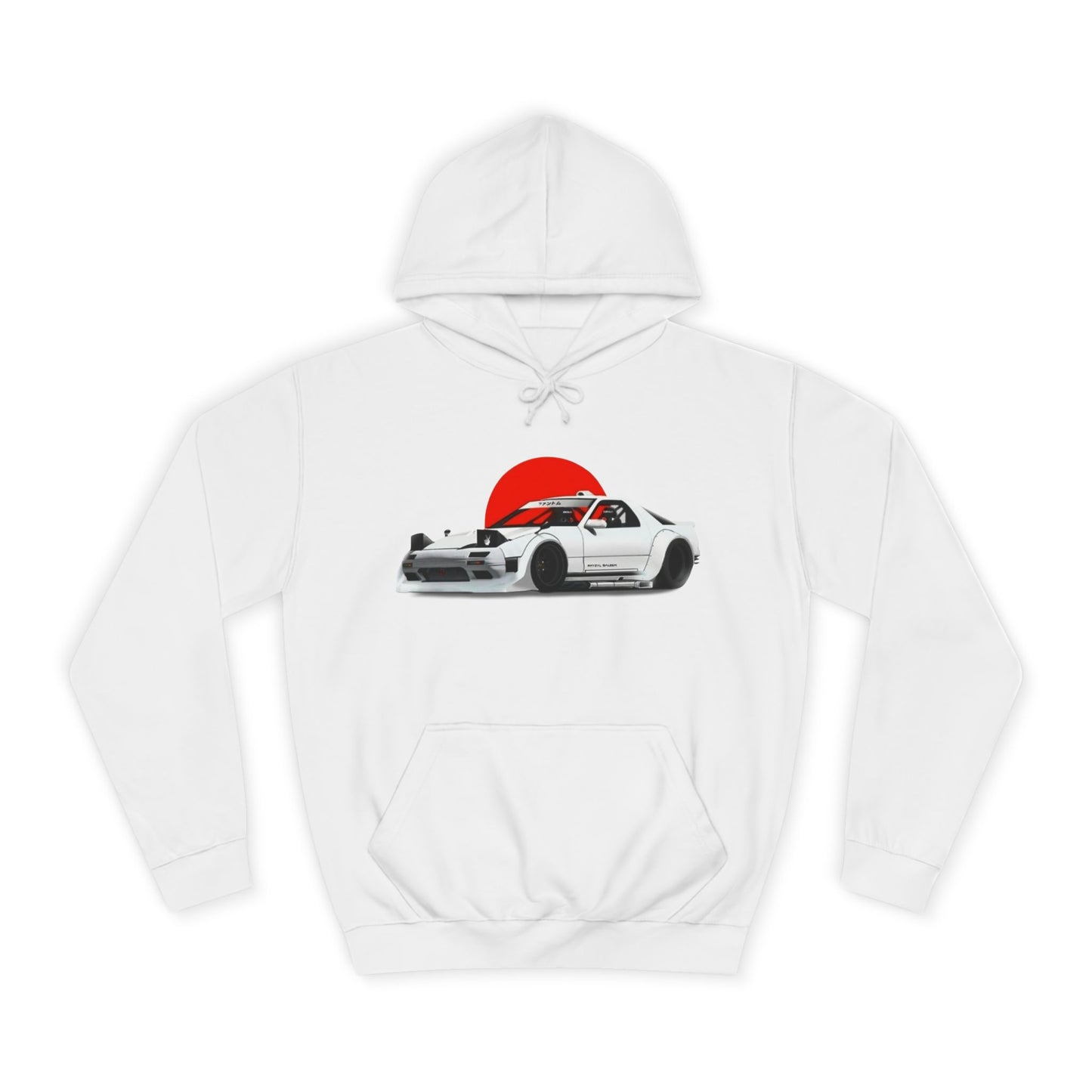 Retro JDM Racecar Hoodie — White Mazda RX-7 Graphic with Red Sun & 'Vyro' Back Logo