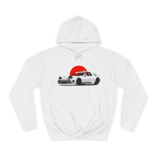 Retro JDM Racecar Hoodie — White Mazda RX-7 Graphic with Red Sun & 'Vyro' Back Logo