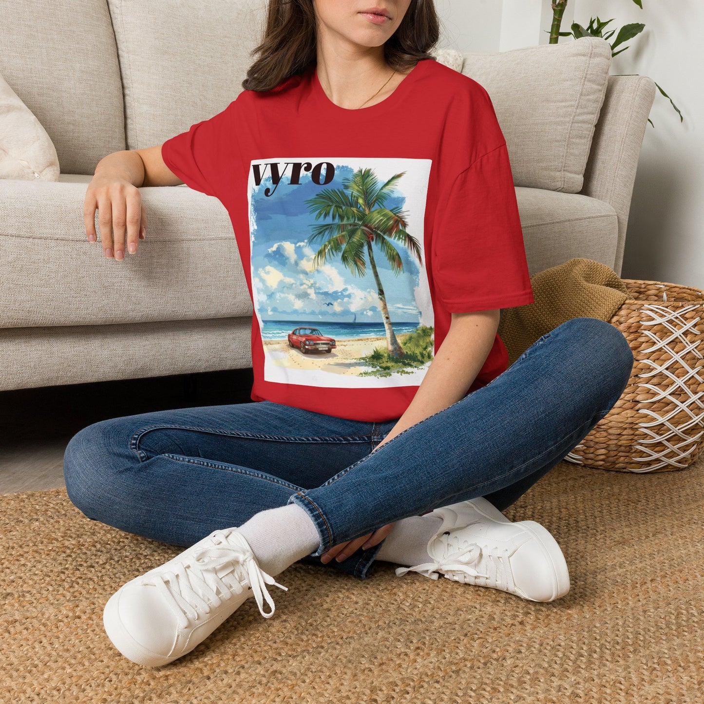 T-Shirt — Tropical Palm Beach Graphic Tee with 'vyro' Text
