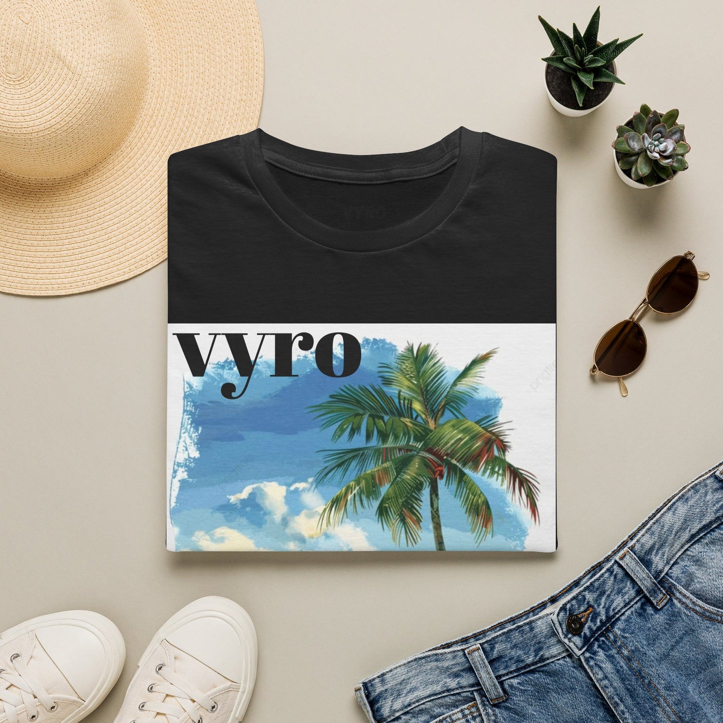 T-Shirt — Tropical Palm Beach Graphic Tee with 'vyro' Text