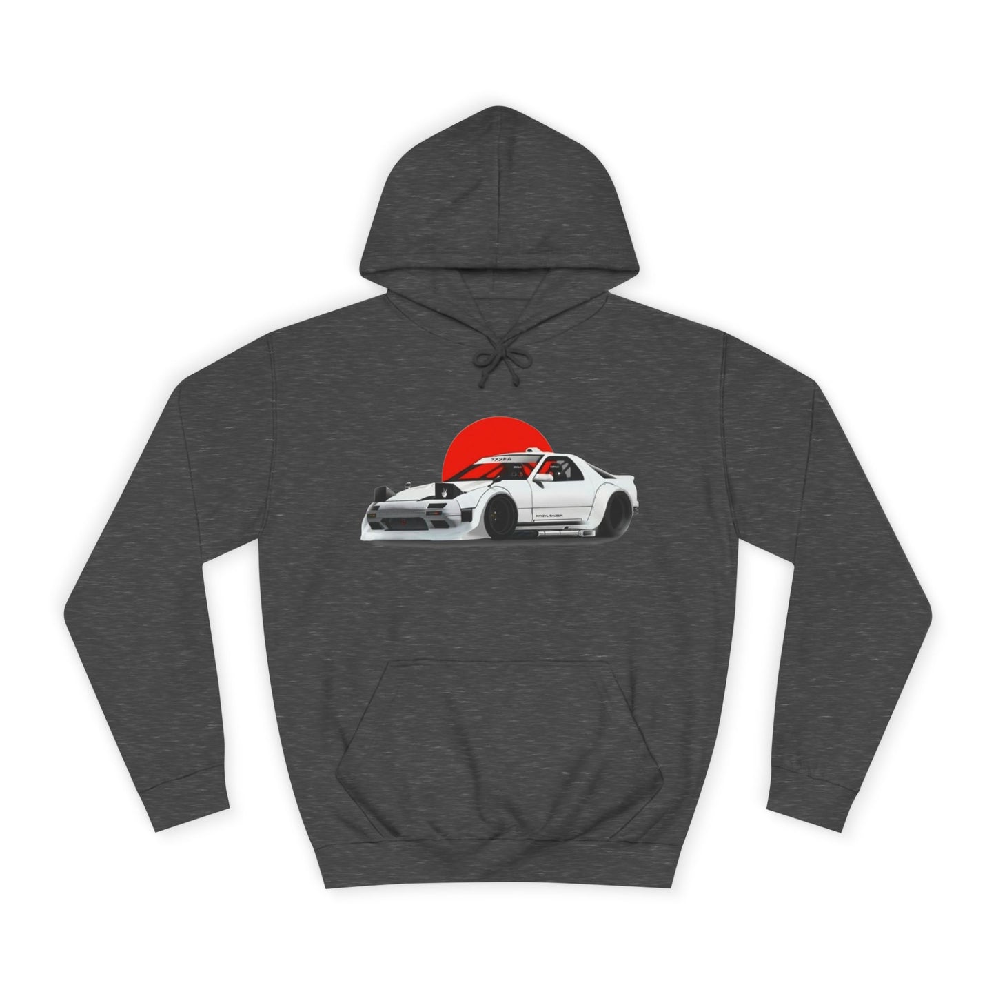 Retro JDM Racecar Hoodie — White Mazda RX-7 Graphic with Red Sun & 'Vyro' Back Logo