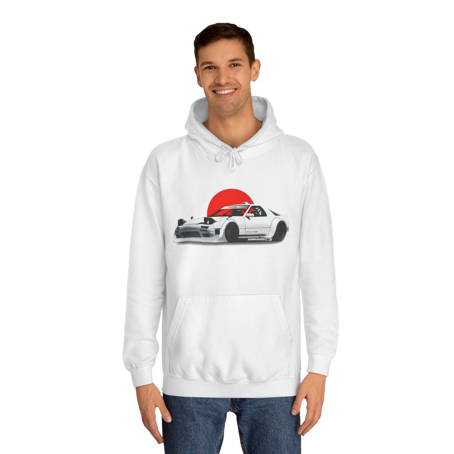 Retro JDM Racecar Hoodie — White Mazda RX-7 Graphic with Red Sun & 'Vyro' Back Logo