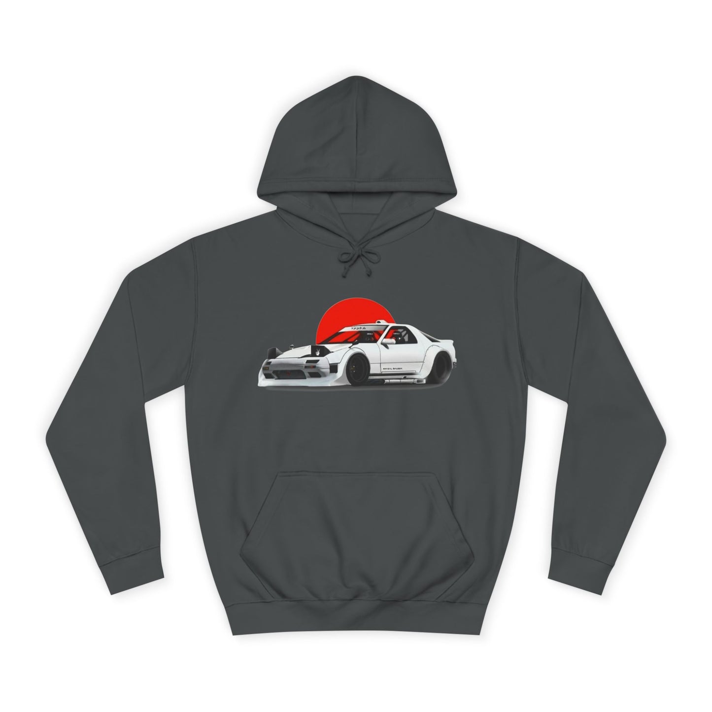 Retro JDM Racecar Hoodie — White Mazda RX-7 Graphic with Red Sun & 'Vyro' Back Logo