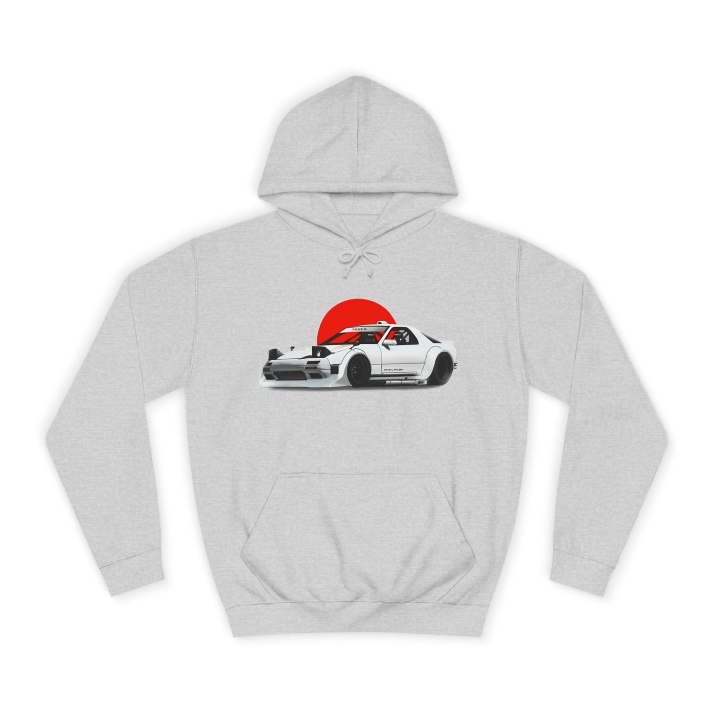 Retro JDM Racecar Hoodie — White Mazda RX-7 Graphic with Red Sun & 'Vyro' Back Logo