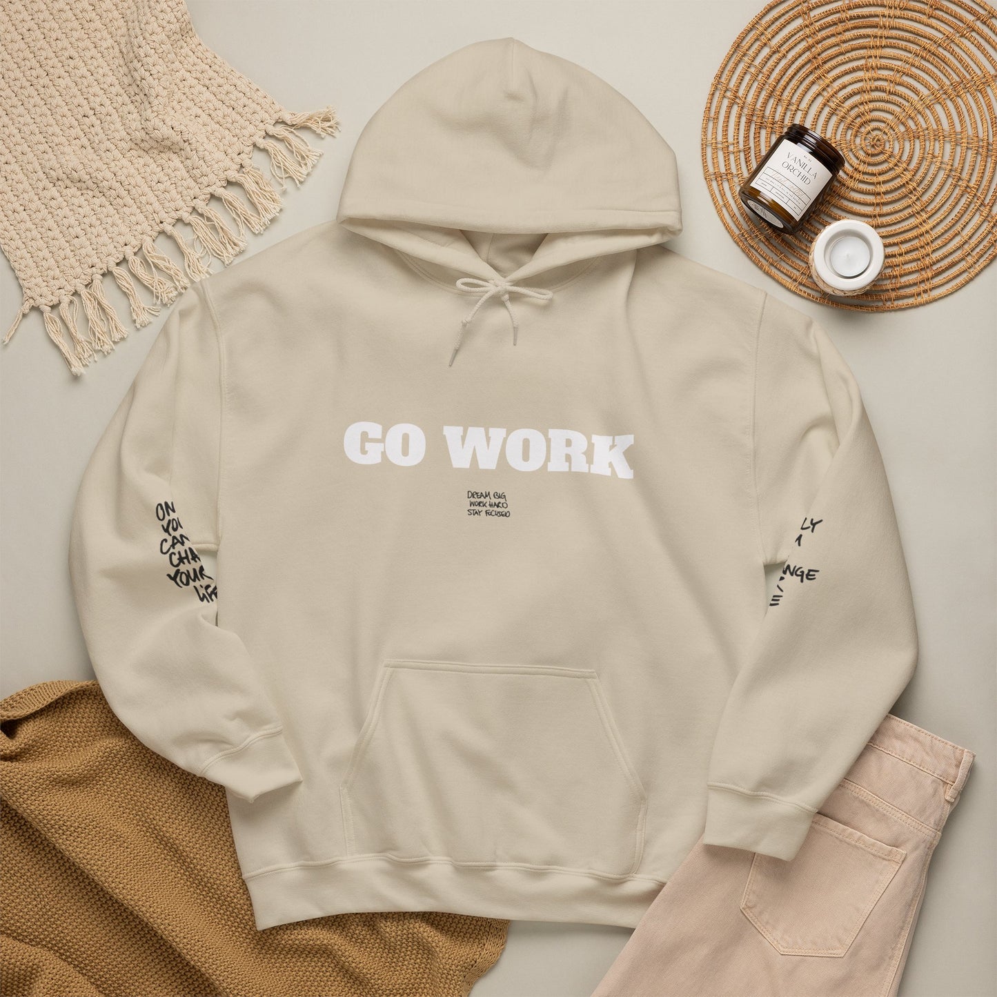 Go Work Hoodie — Motivational Minimalist Hooded Sweatshirt with Sleeve Text