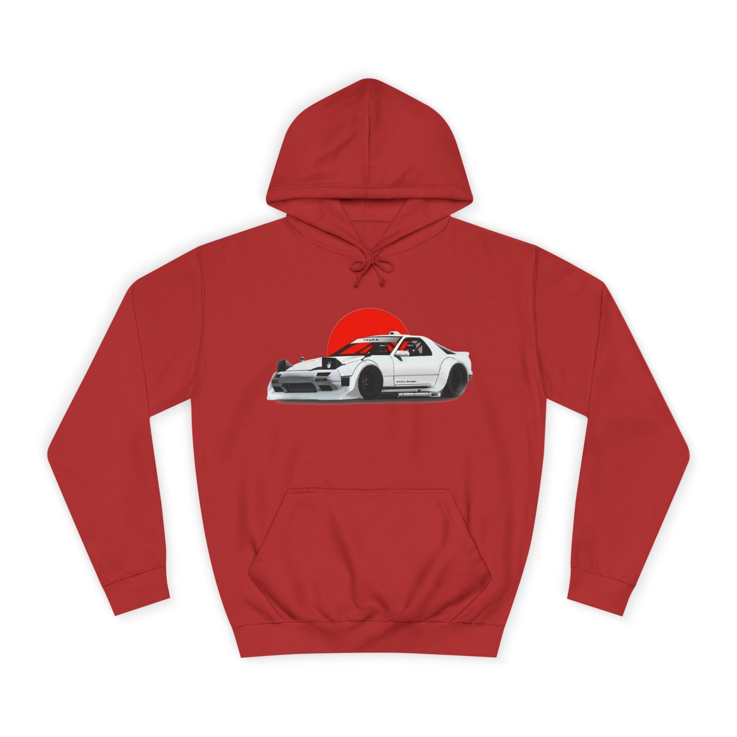Retro JDM Racecar Hoodie — White Mazda RX-7 Graphic with Red Sun & 'Vyro' Back Logo