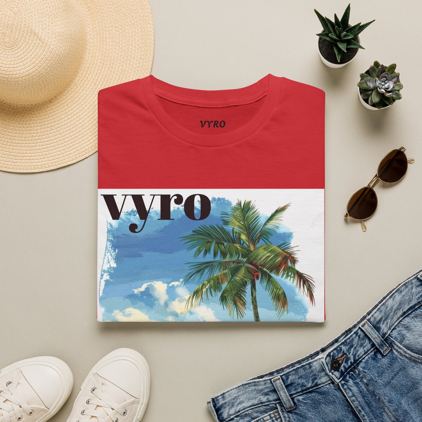 T-Shirt — Tropical Palm Beach Graphic Tee with 'vyro' Text