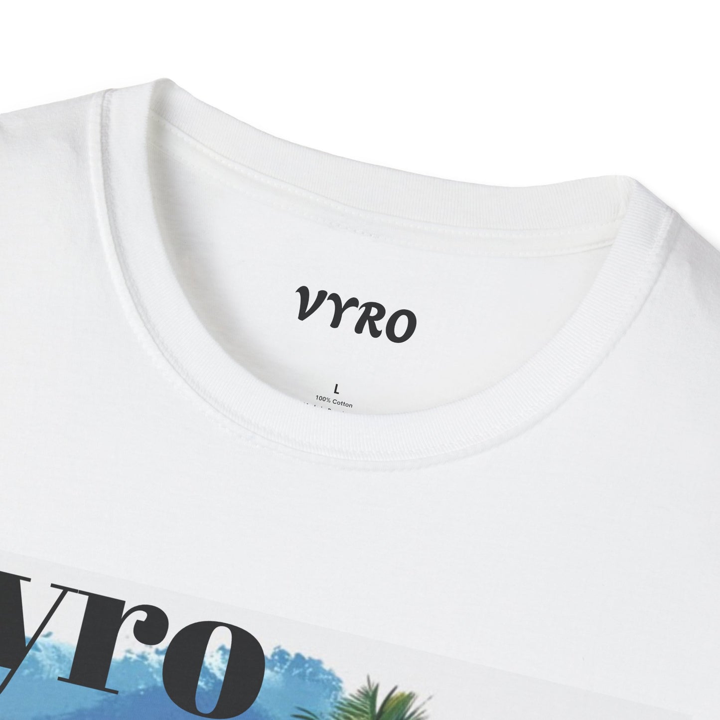 T-Shirt — Tropical Palm Beach Graphic Tee with 'vyro' Text