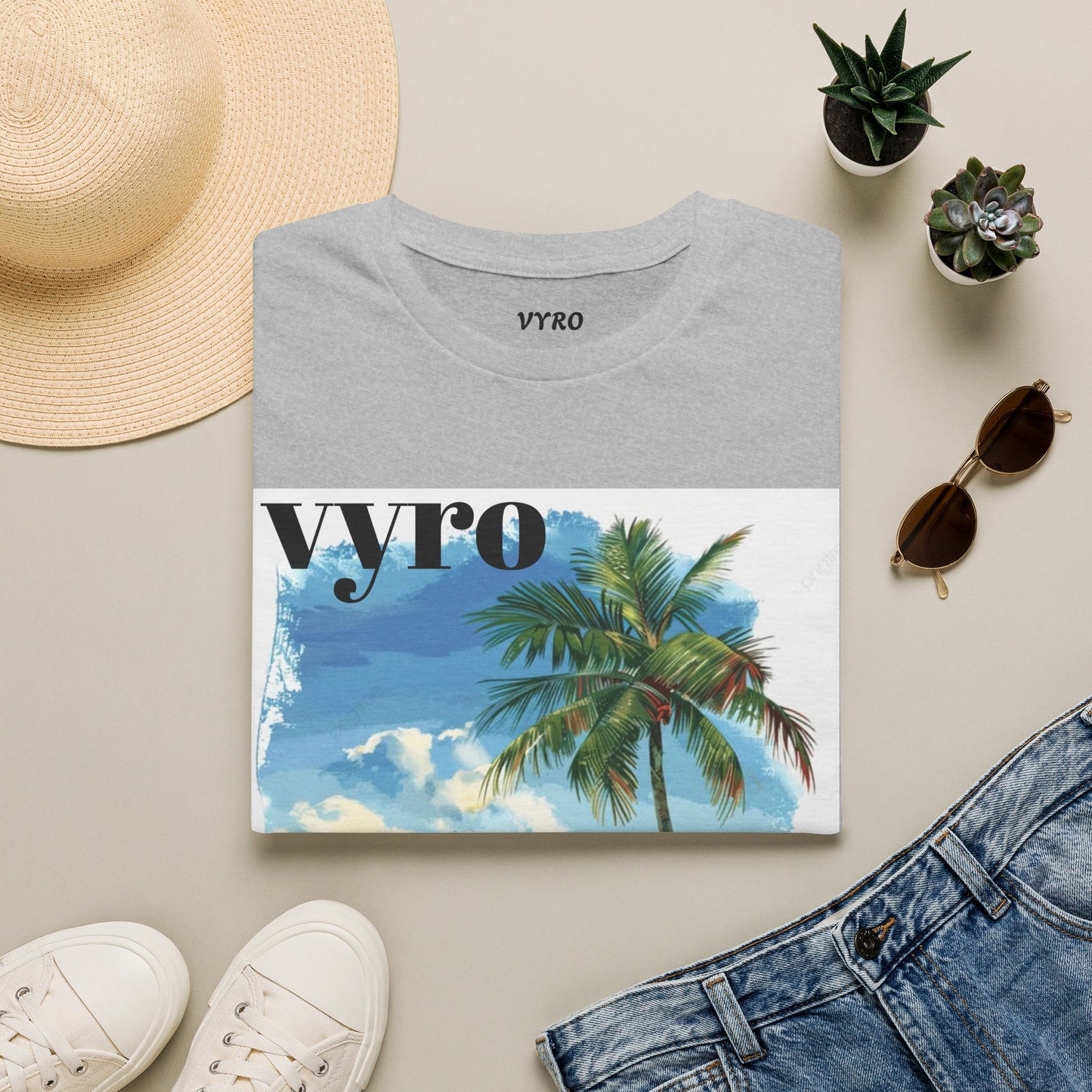 T-Shirt — Tropical Palm Beach Graphic Tee with 'vyro' Text
