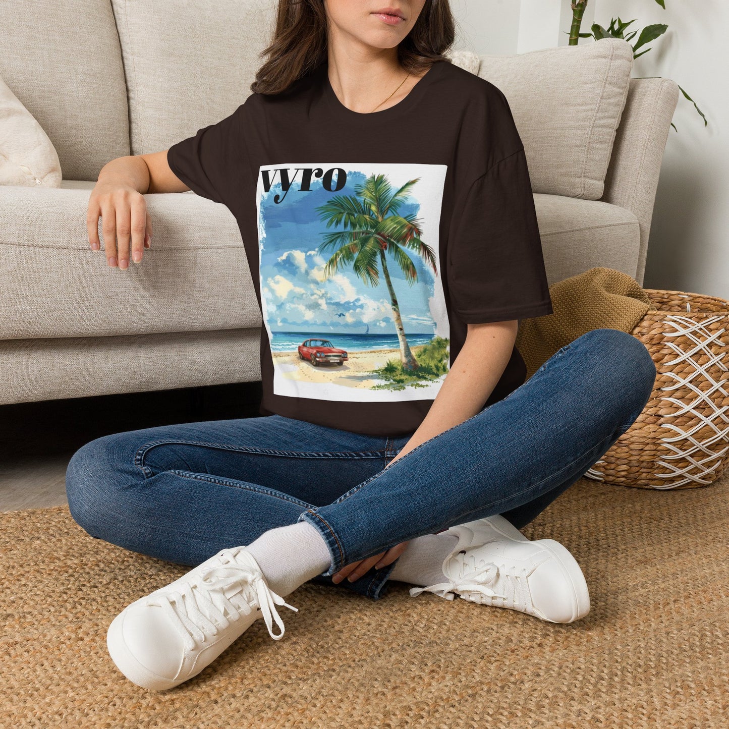 T-Shirt — Tropical Palm Beach Graphic Tee with 'vyro' Text