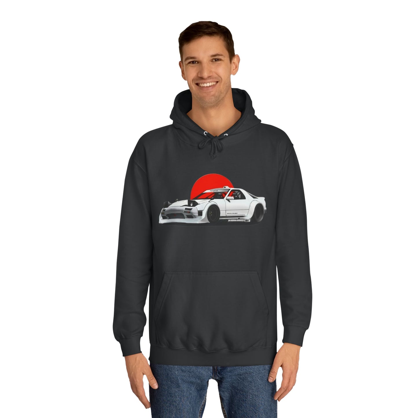 Retro JDM Racecar Hoodie — White Mazda RX-7 Graphic with Red Sun & 'Vyro' Back Logo