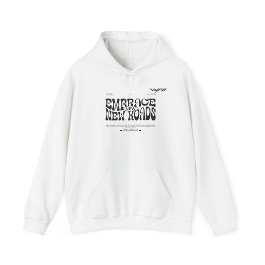 Embrace New Roads Hoodie — Minimal Travel Adventure Graphic Sweatshirt