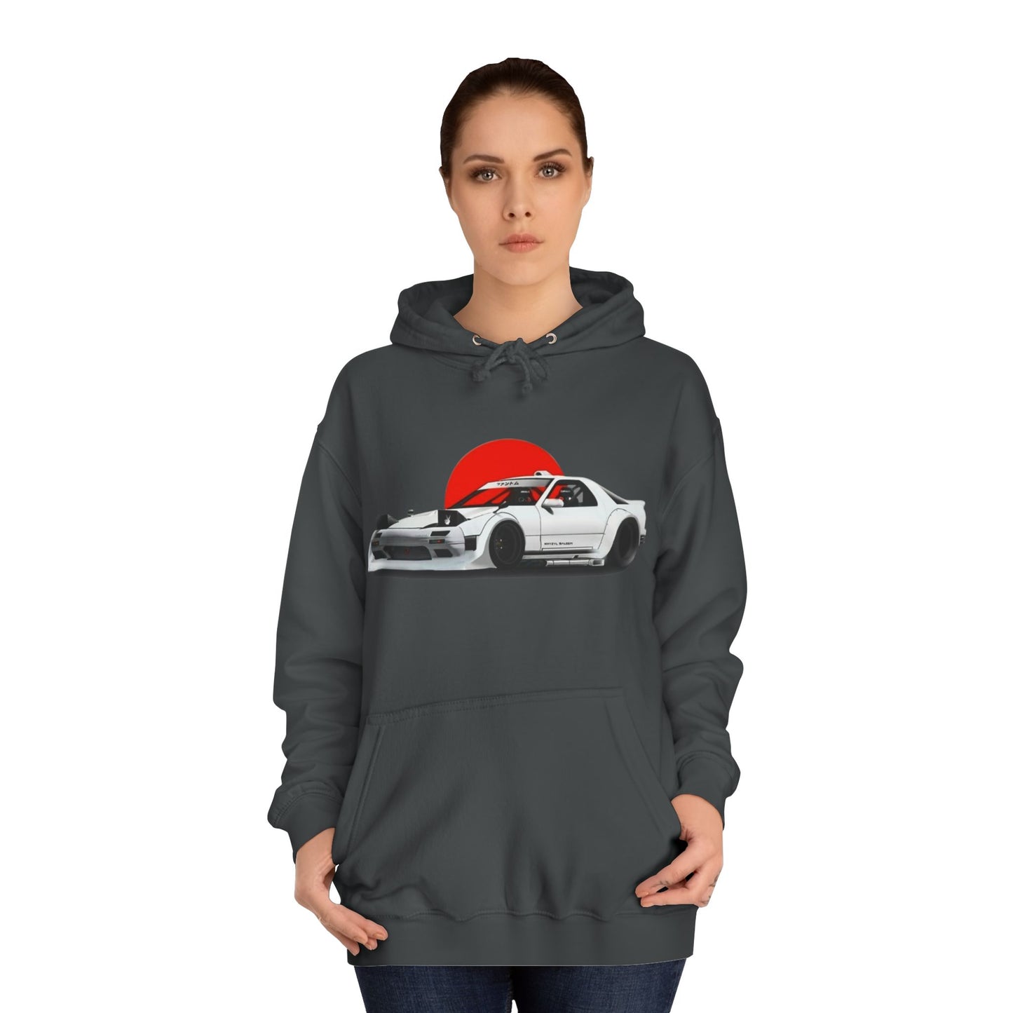 Retro JDM Racecar Hoodie — White Mazda RX-7 Graphic with Red Sun & 'Vyro' Back Logo