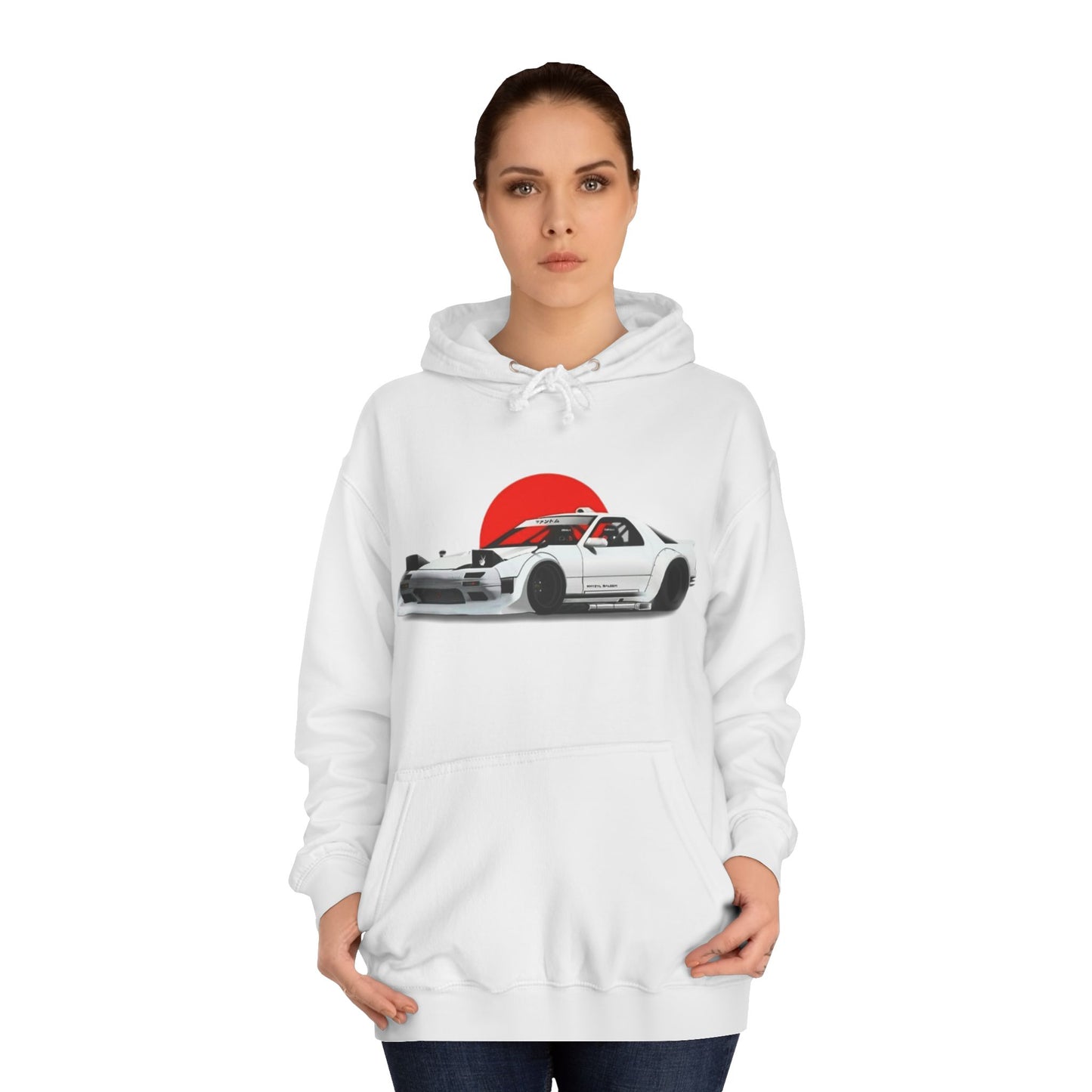 Retro JDM Racecar Hoodie — White Mazda RX-7 Graphic with Red Sun & 'Vyro' Back Logo
