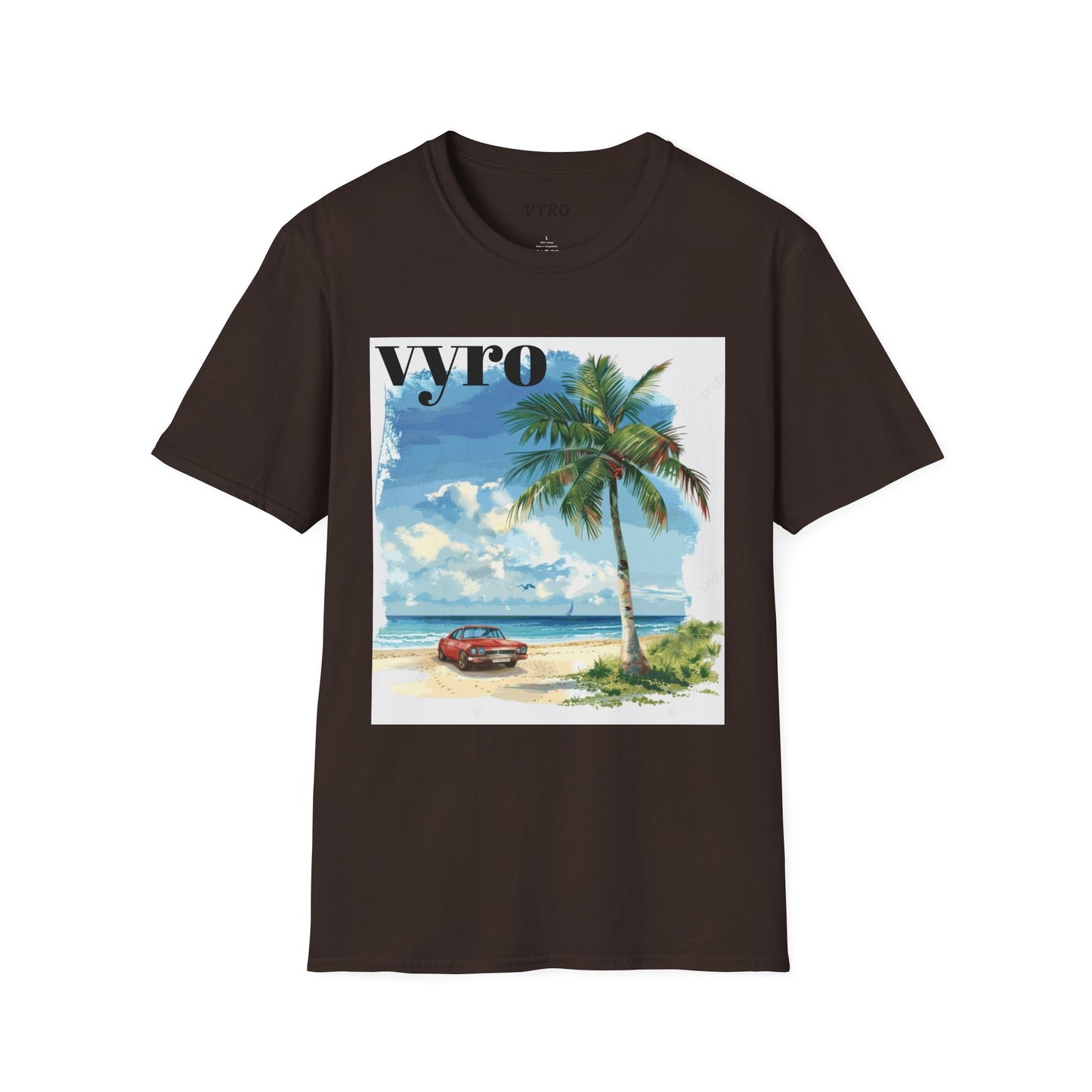 T-Shirt — Tropical Palm Beach Graphic Tee with 'vyro' Text